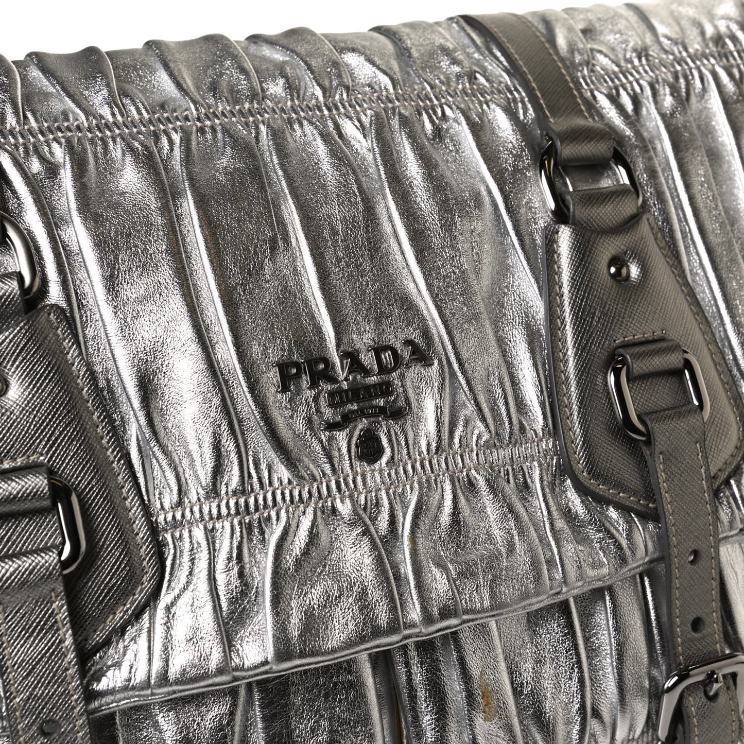 Metallic Nappa Gaufre Messenger Tote Silver