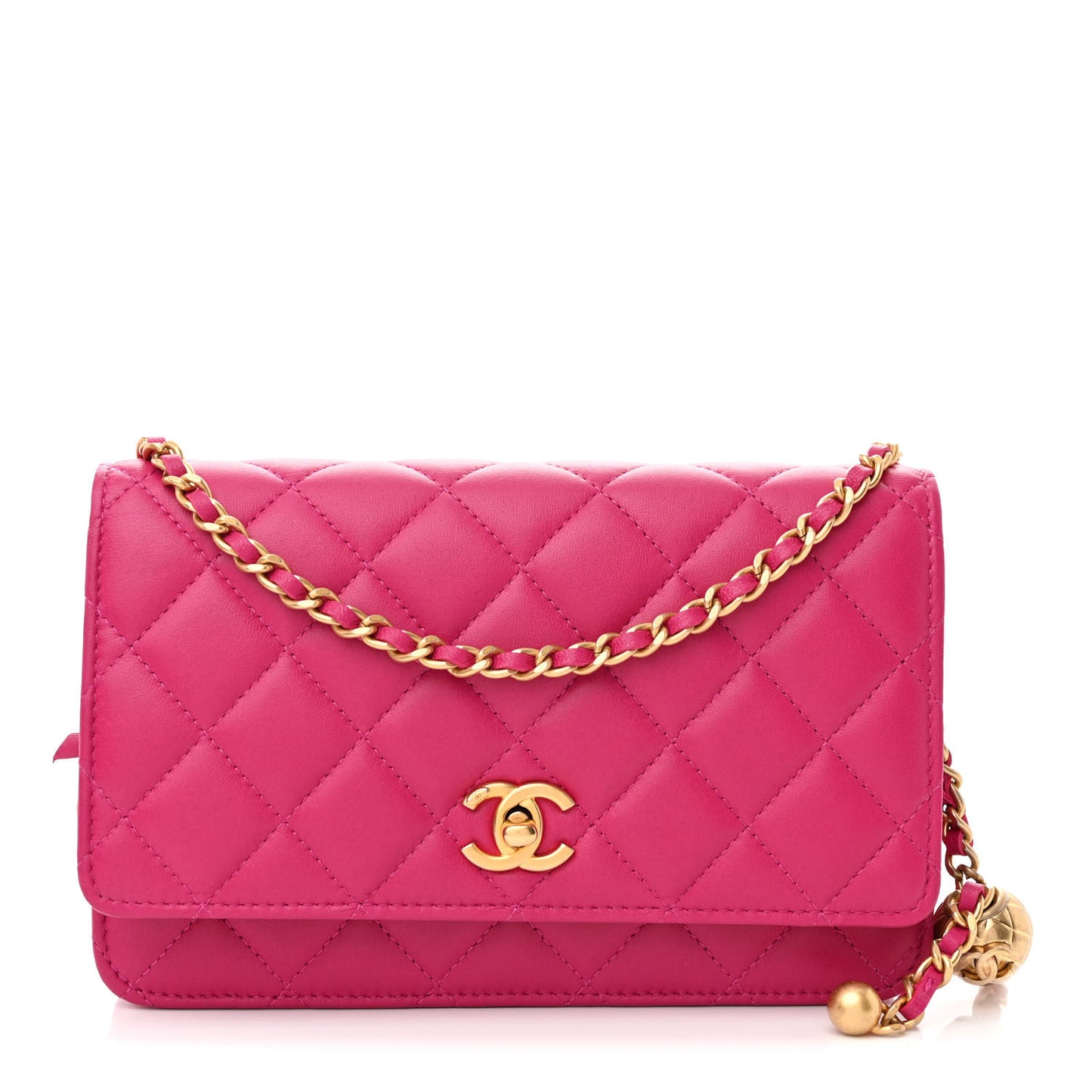 Lambskin Quilted CC Pearl Crush Wallet on Chain WOC Dark Pink