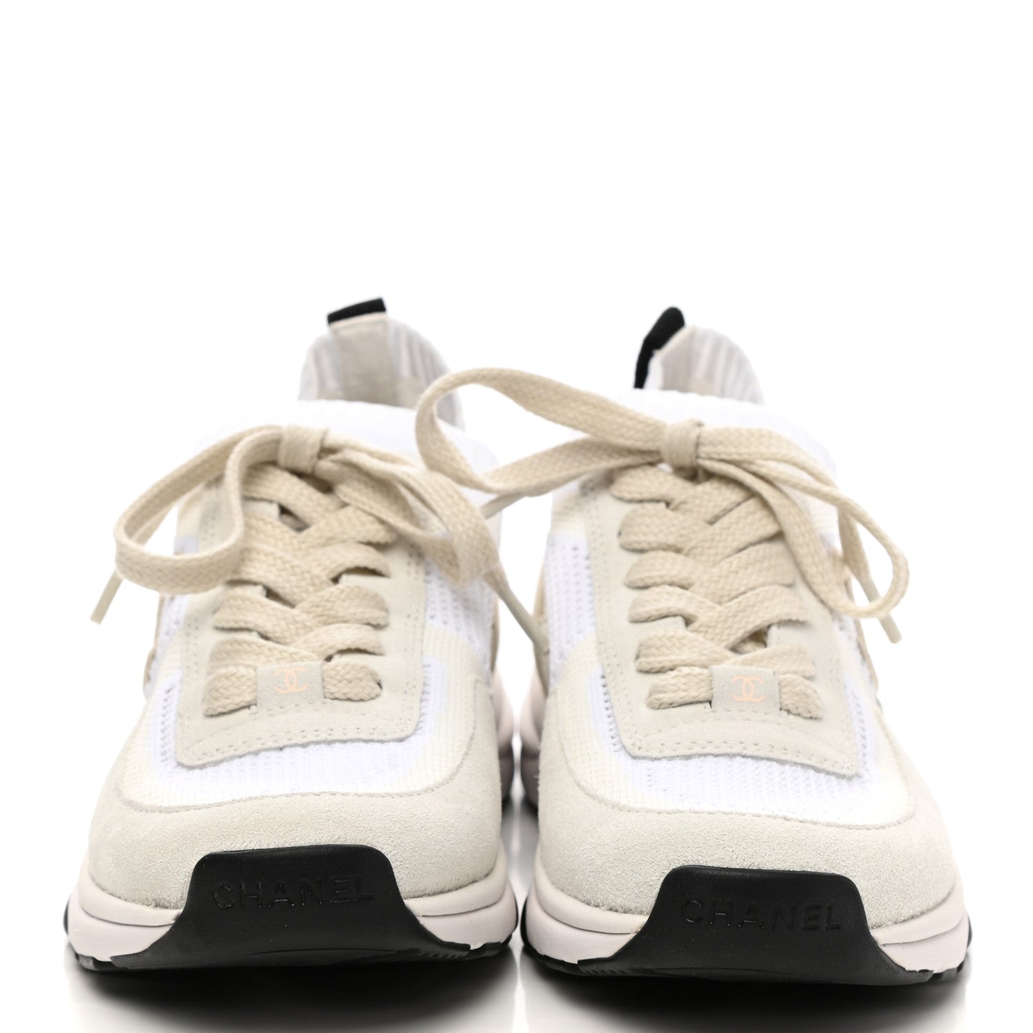 Chanel Mesh Suede Fabric Womens CC Sneakers 38 White Ivory Light Beige 2 of 7