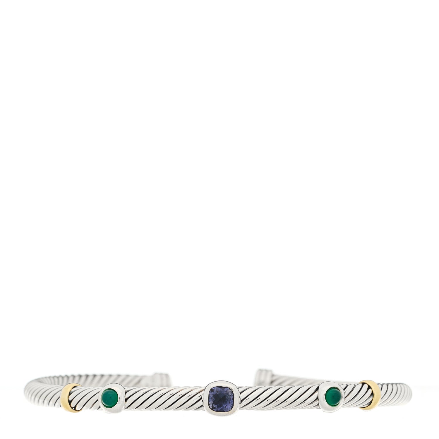 David Yurman Sterling Silver 18K Yellow Gold Green Onyx Iolite 4mm Cable Renaissance Cuff Bracelet 1 of 3