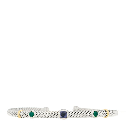 David Yurman Sterling Silver 18K Yellow Gold Green Onyx Iolite 4mm Cable Renaissance Cuff Bracelet 1 of 3