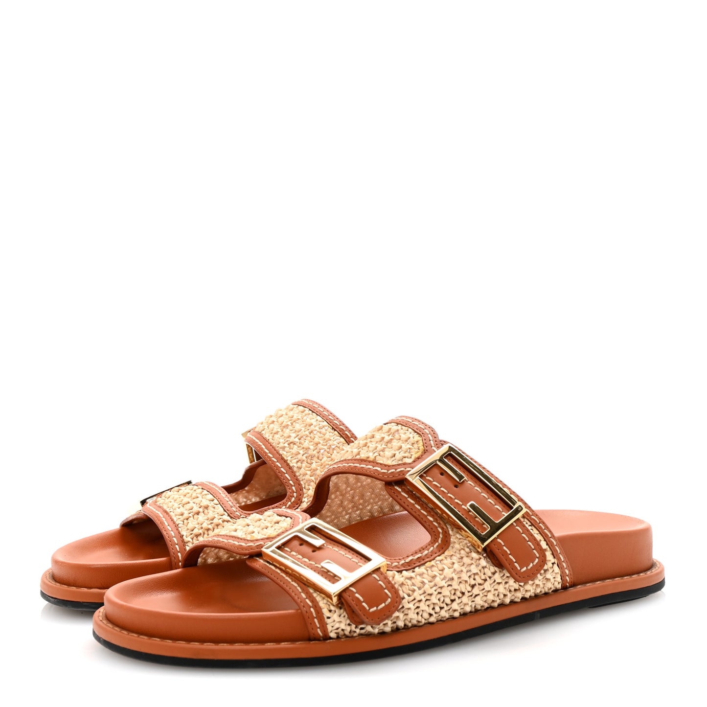 Raffia Vitello Womens Fendi Feel Buckled Slide Sandals 39 Paglia Brandy