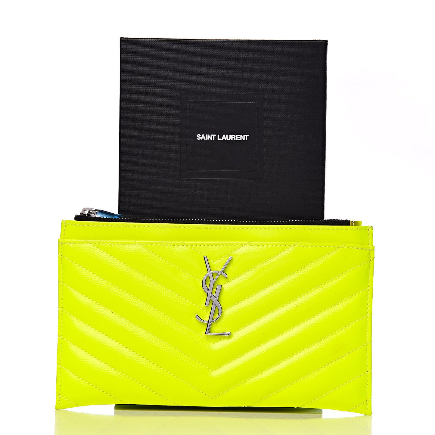 Patent Grain De Poudre Matelasse Chevron Monogram Bill Pouch Neon Yellow