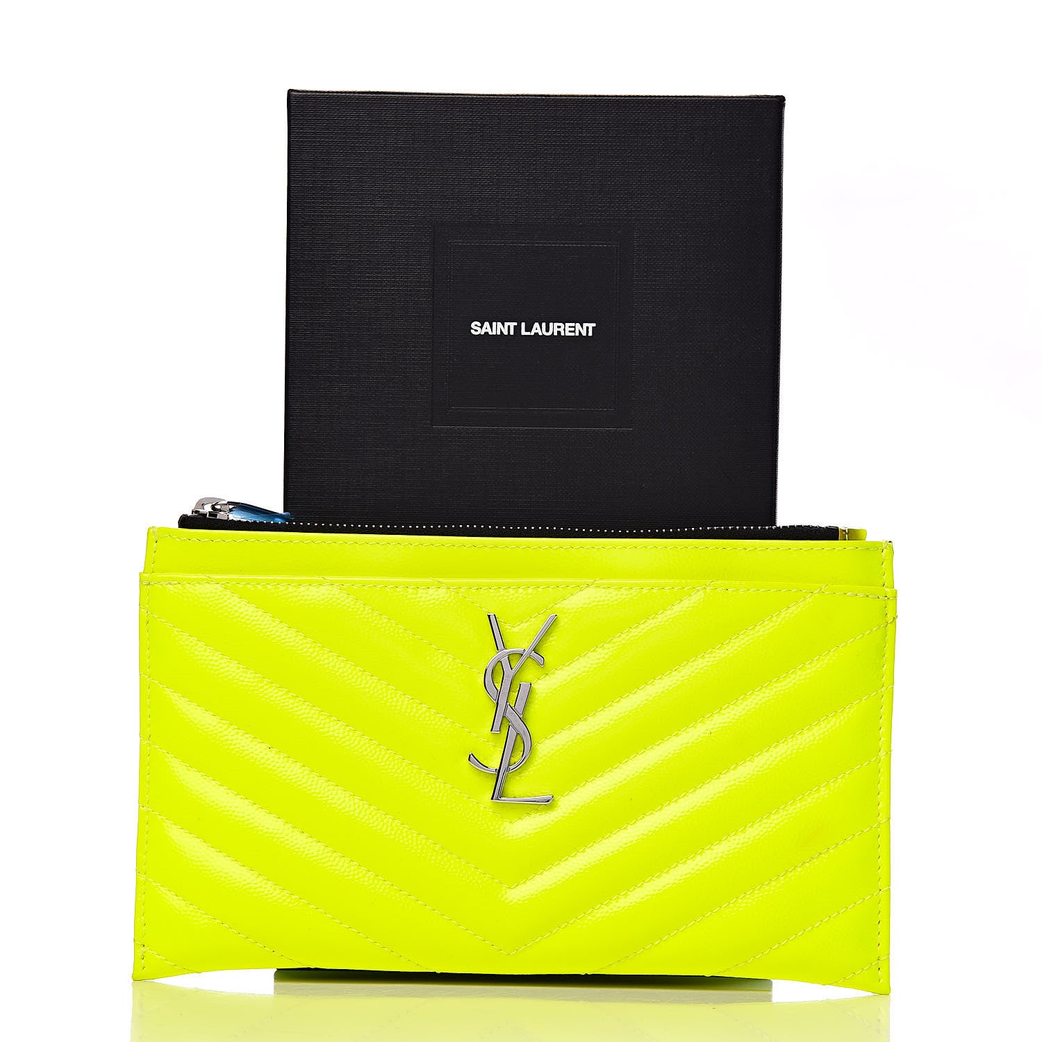 Saint Laurent Patent Grain De Poudre Matelasse Chevron Monogram Bill Pouch Neon Yellow 9 of 9