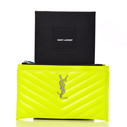 Saint Laurent Patent Grain De Poudre Matelasse Chevron Monogram Bill Pouch Neon Yellow 9 of 9