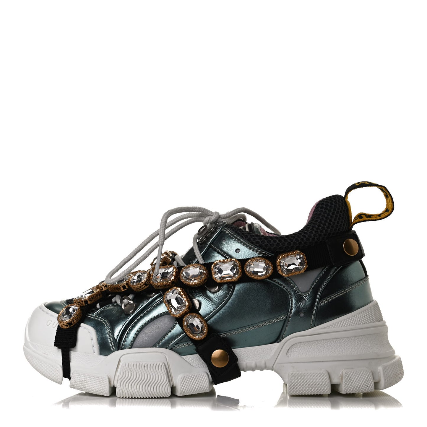 X SEGA Metallic Calfskin Removable Crystals Womens Flashtrek Sneakers 37.5 Lago Loess Silver