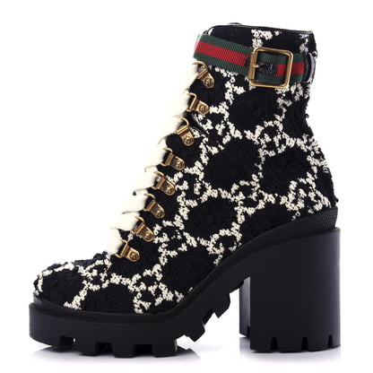 Gucci Tweed GG Monogram Lace Up Combat Ankle Boots 35.5 Black 1 of 9