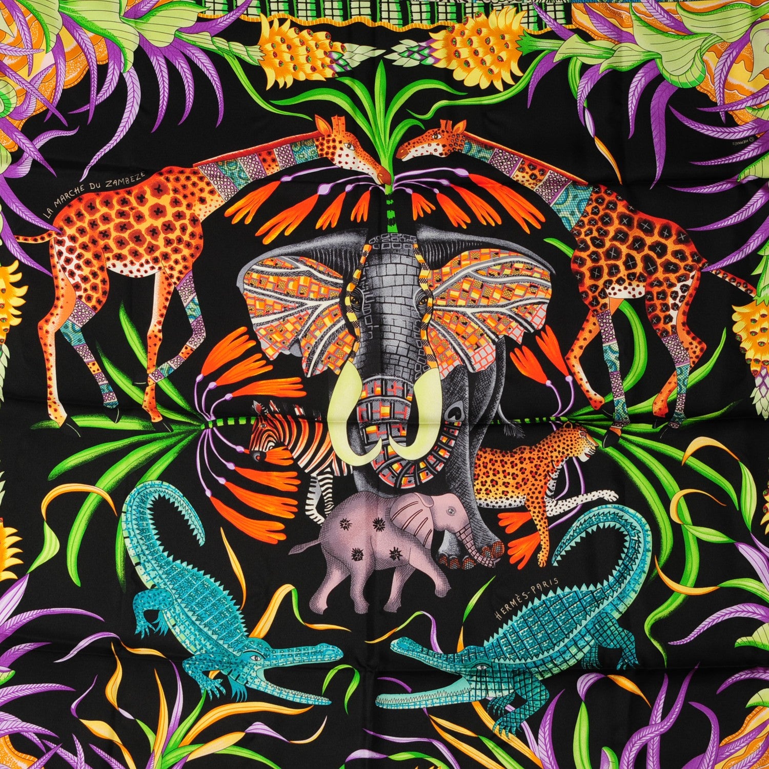 Hermes Silk La Marche Du Zambeze Scarf 90 Nero Corail Vert 1 of 7