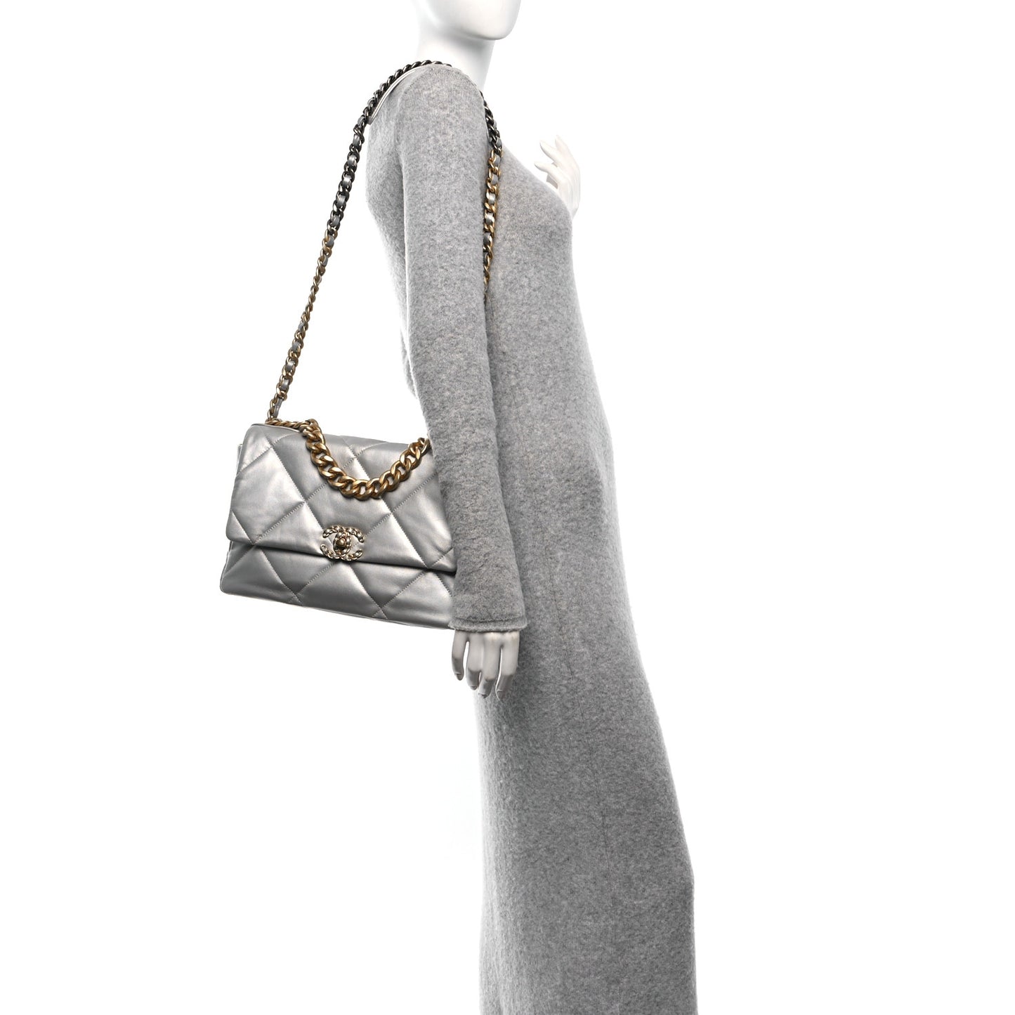 Metallic Goatskin Quilted Large Chanel 19 Flap Silver