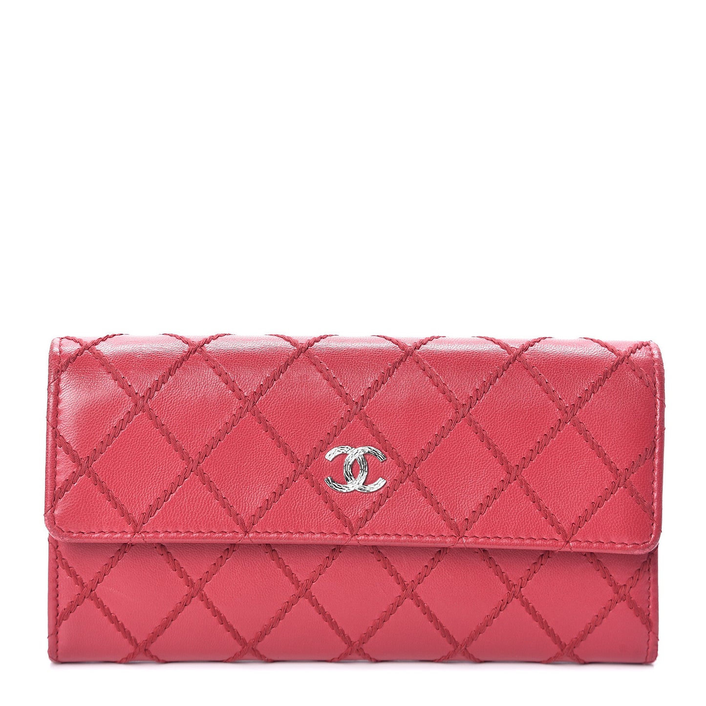 Calfskin Diamond Stitch Large Gusset Flap Wallet Dark Pink