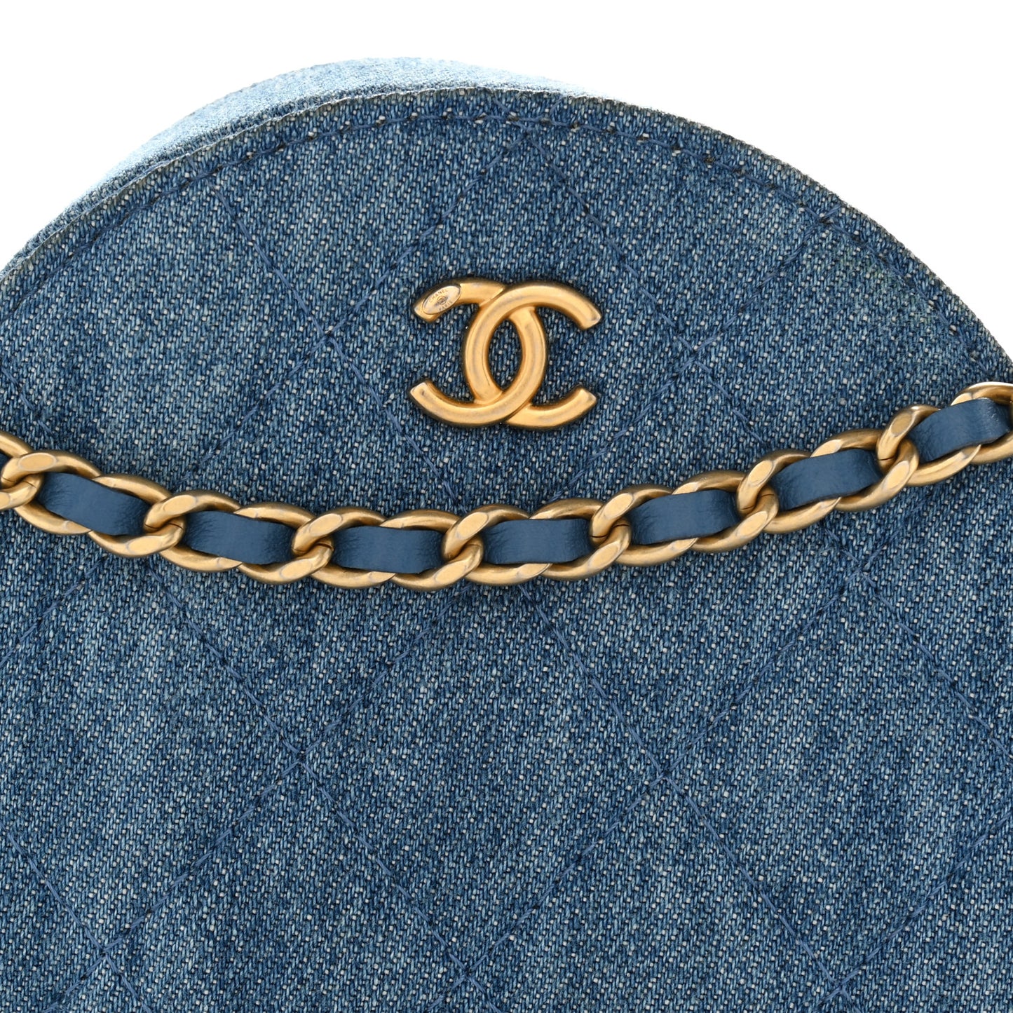 Denim Quilted Round Pearl Crush Clutch With Chain Blue