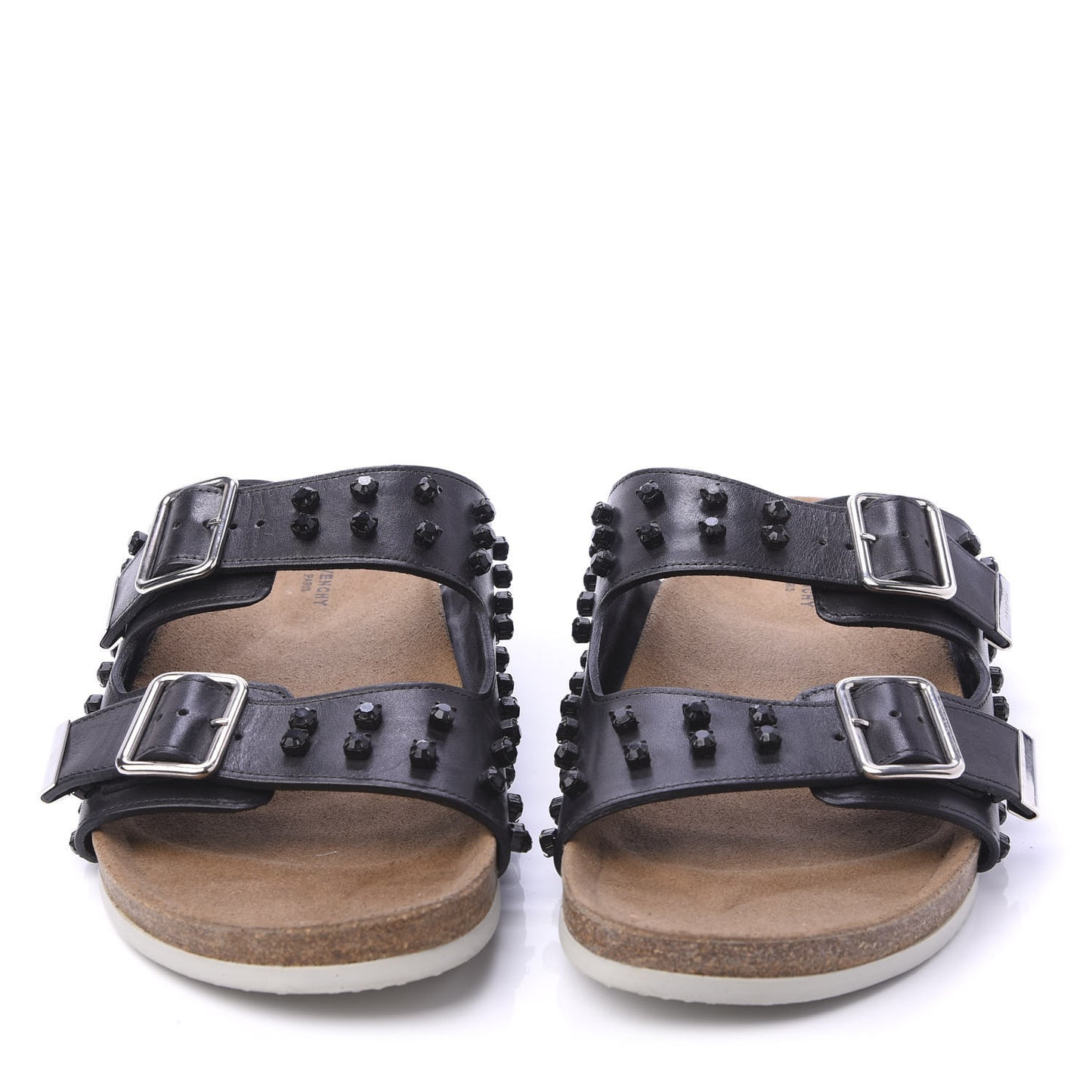 Calfskin Crystal Embellished Mens Double Buckle Slide Sandals 42 Black
