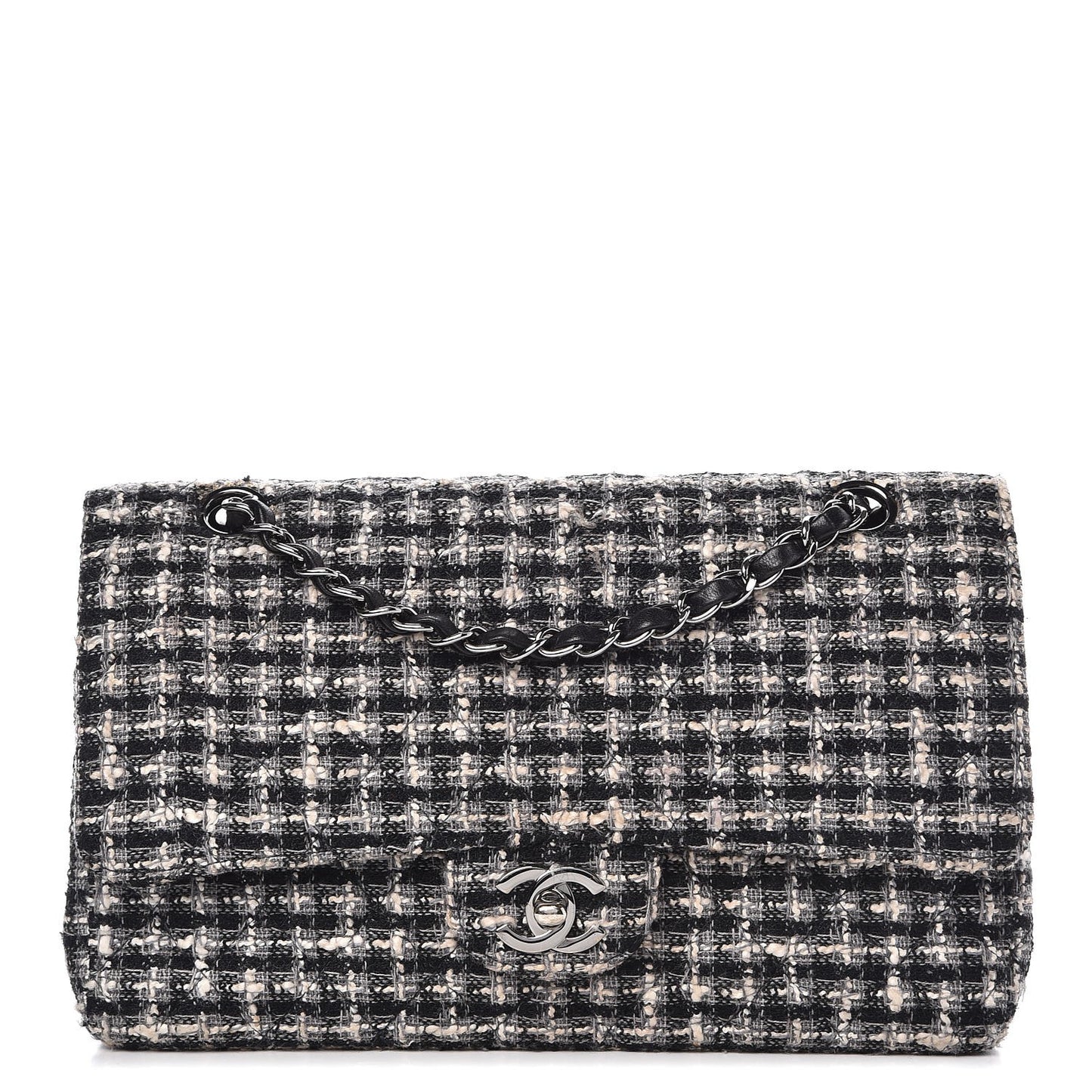 Tweed Medium Double Flap Black White