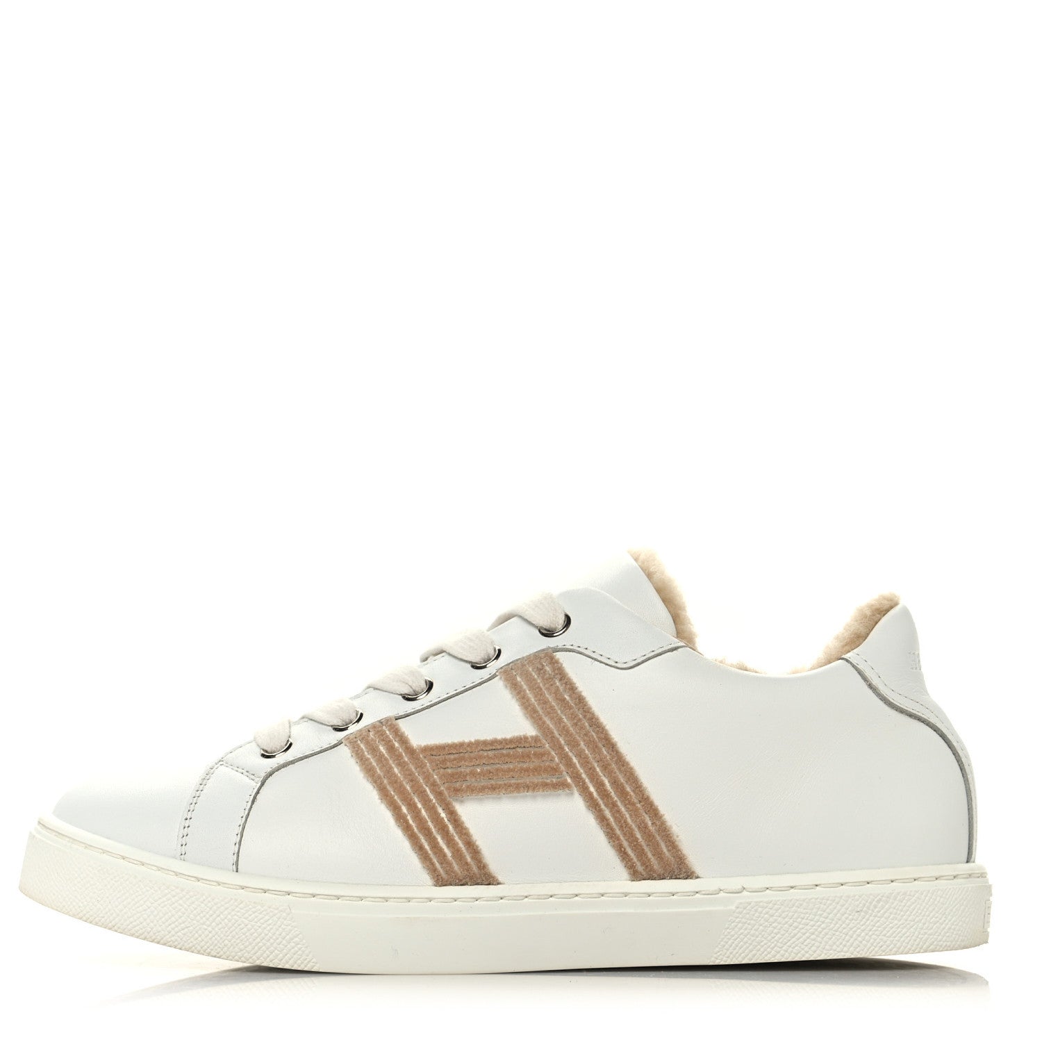 Hermes Calfskin Shearling Womens Avantage Sneakers 37.5 White Ecru 1 of 10