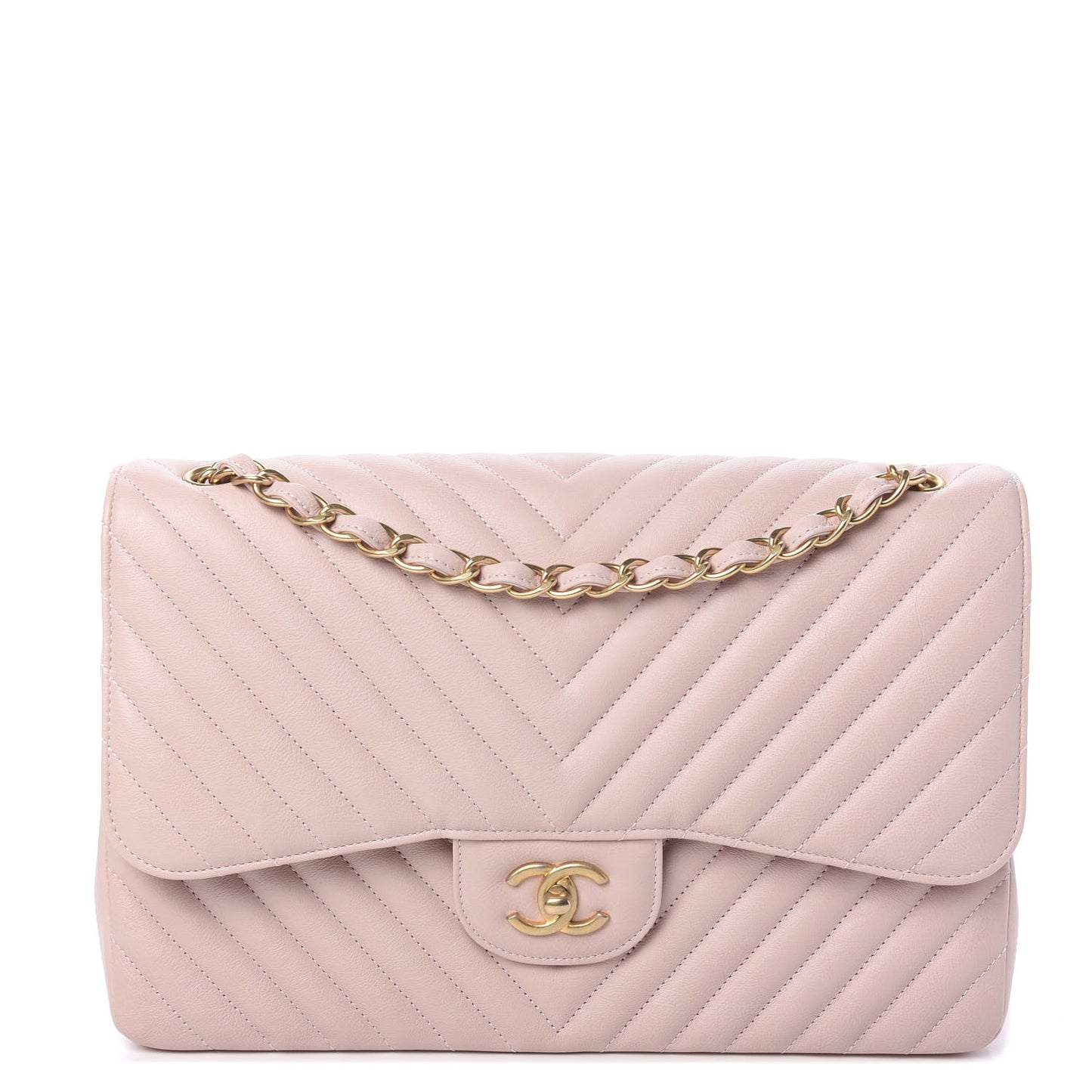 Calfskin Chevron Quilted Jumbo Double Flap Light Pink
