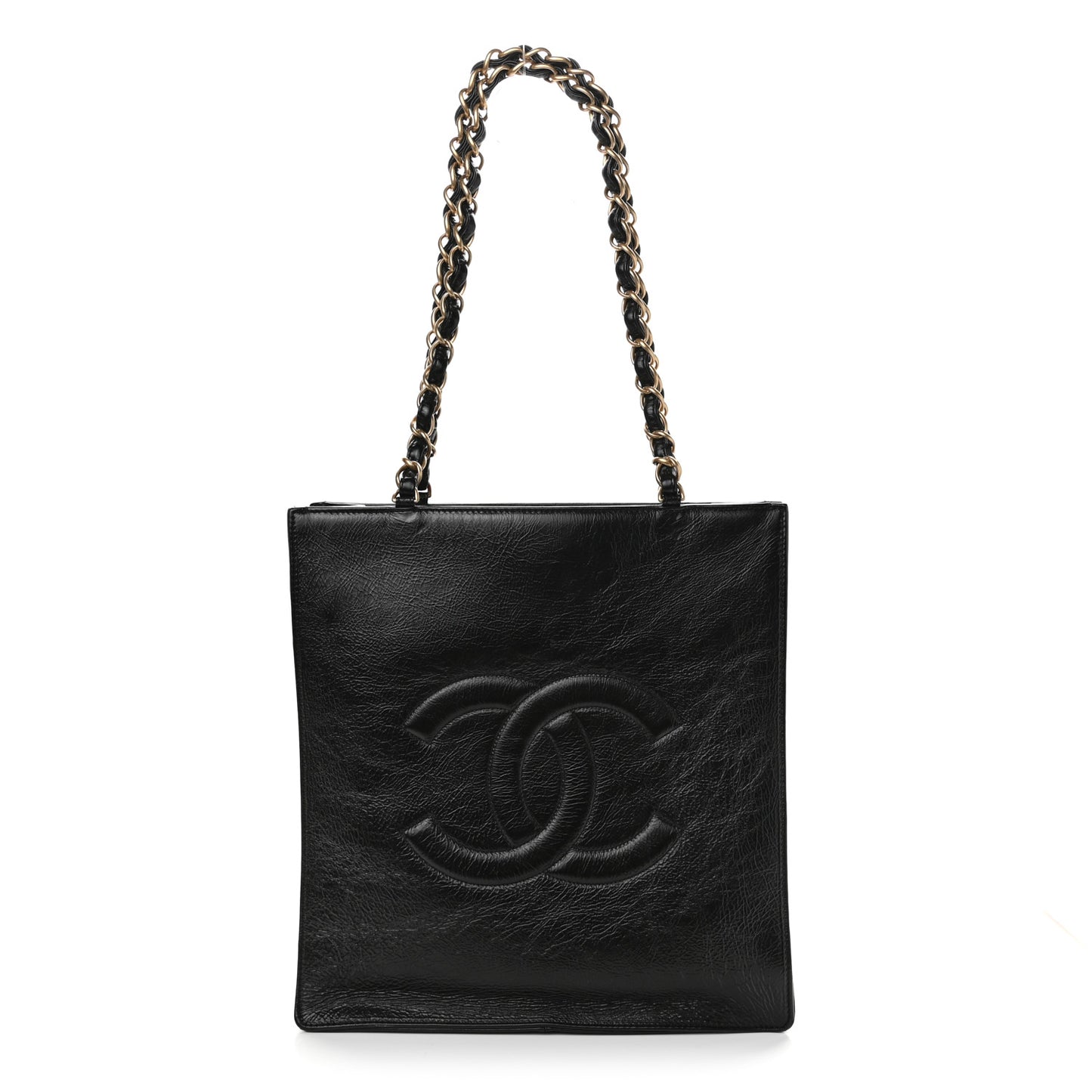 Shiny Aged Calfskin North South Shopping Bag Black