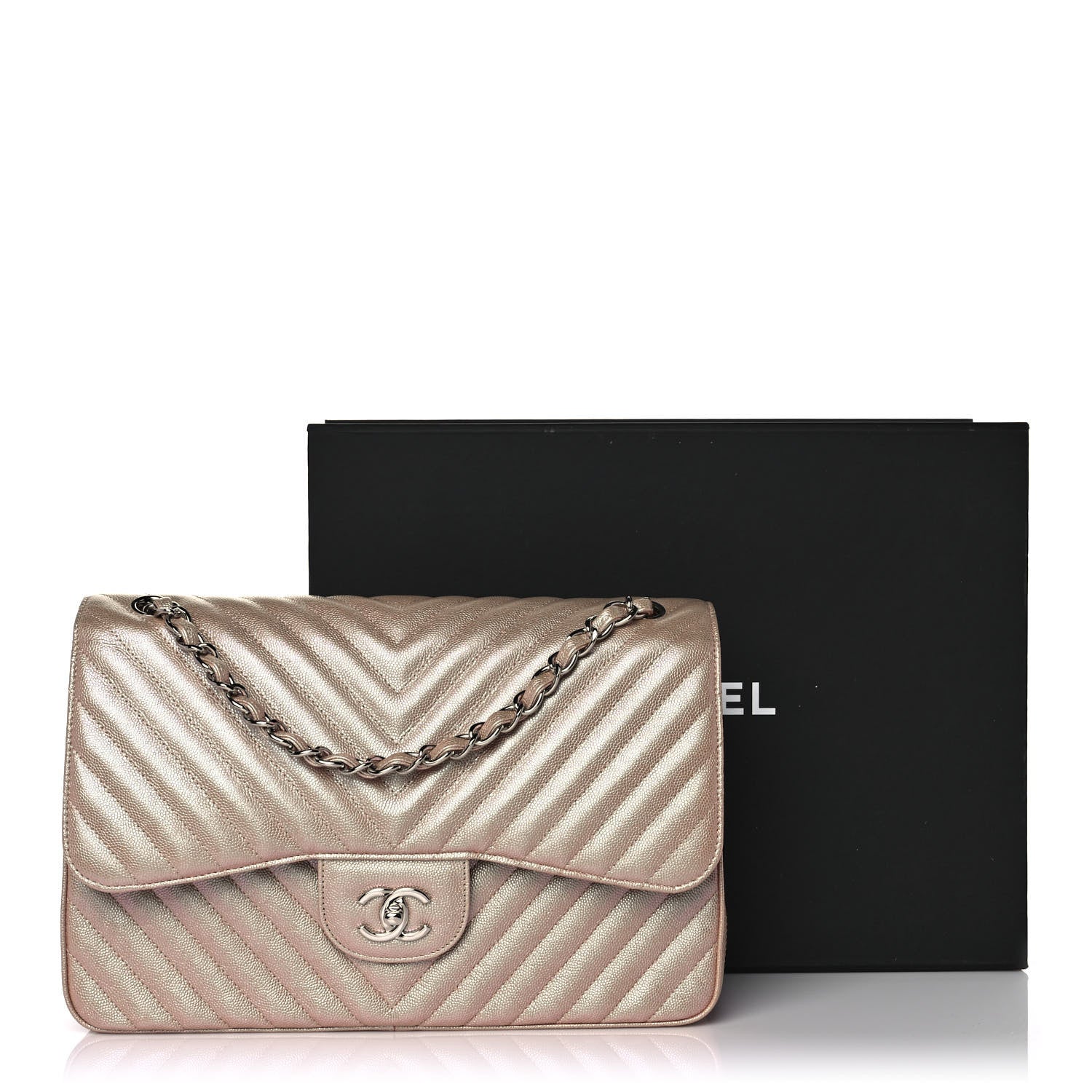 Chanel Metallic Caviar Chevron Quilted Jumbo Double Flap Light Gold 11 of 11
