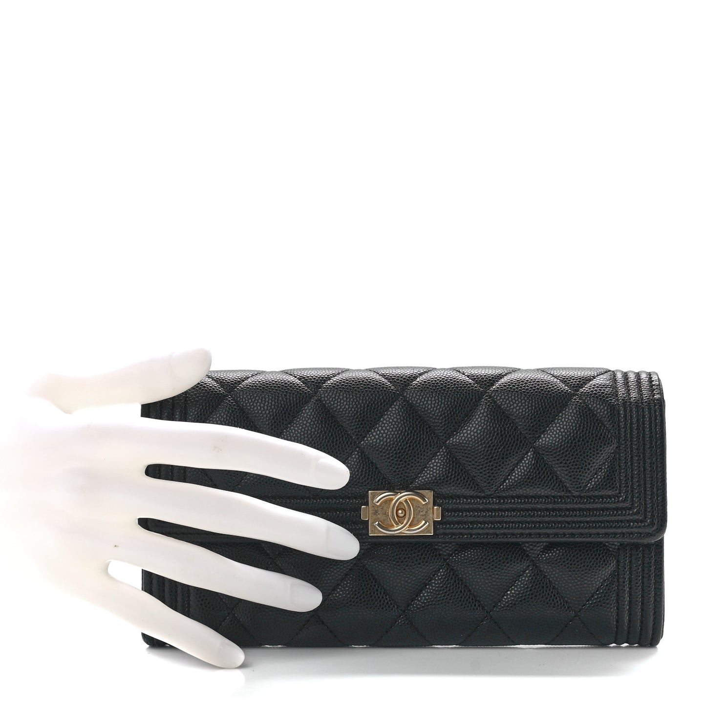 Caviar Quilted Large Boy Gusset Flap Wallet Black