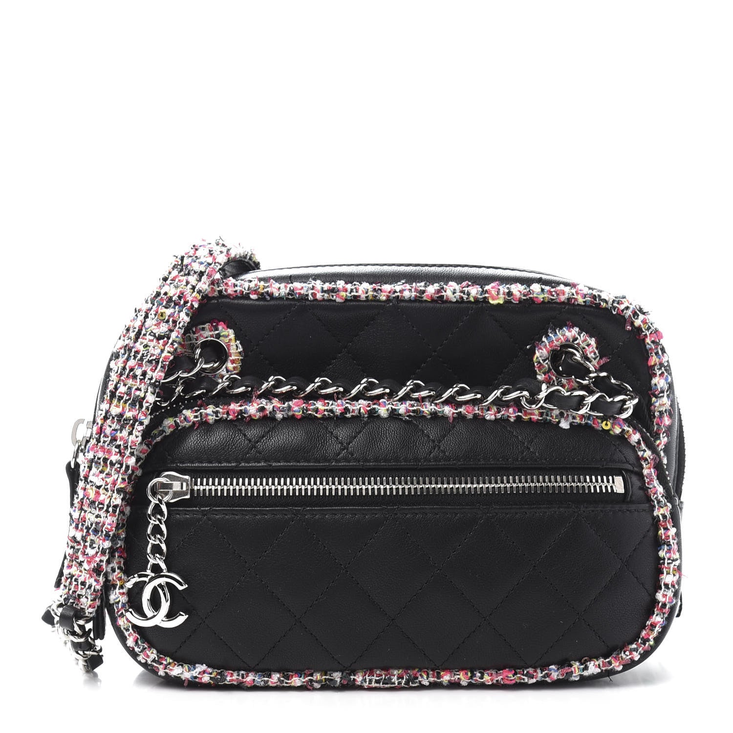 Chanel Lambskin Quilted Tweed Elegant Trim Front Zip Camera Case Black 1 of 10