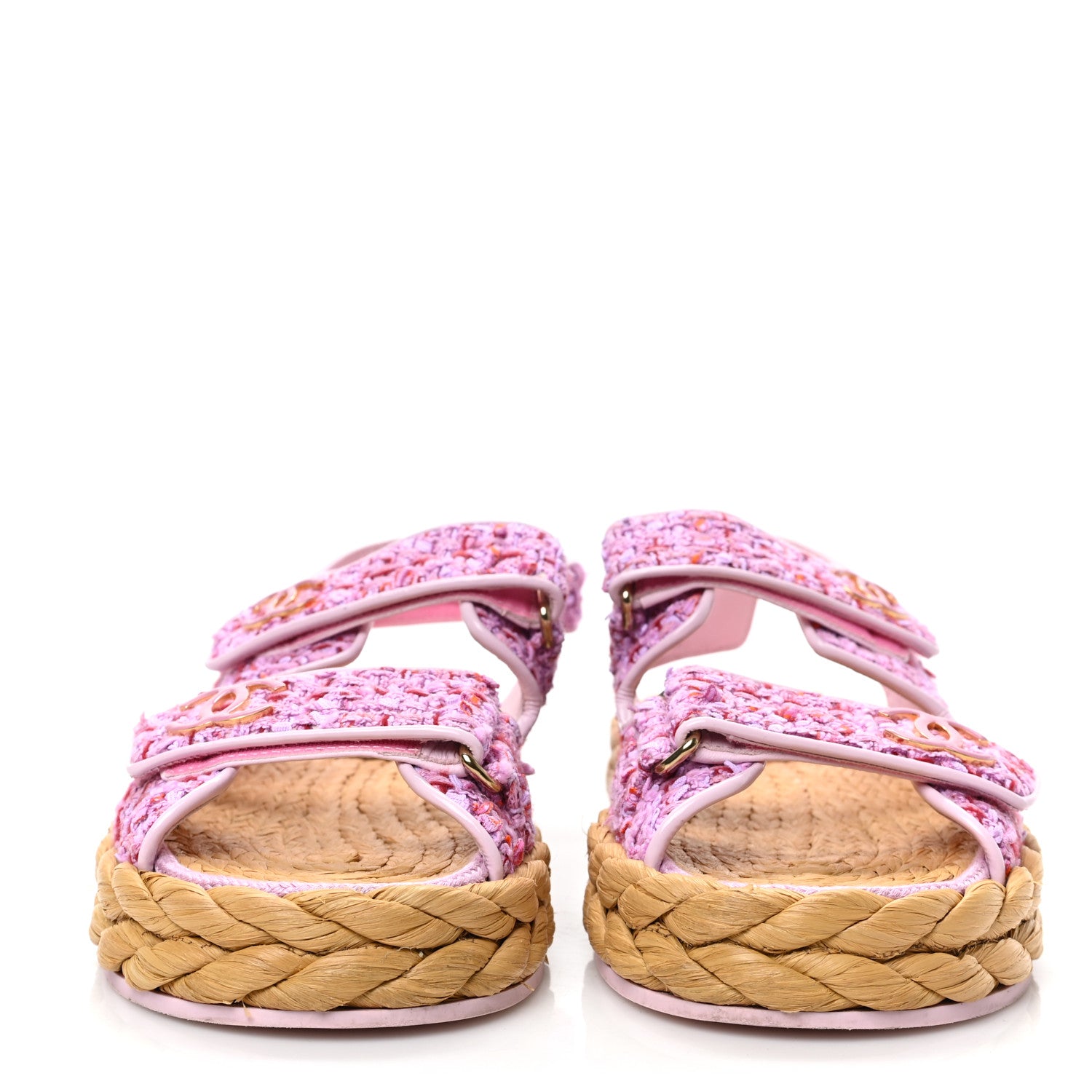 Chanel Tweed Patent Calfskin Velcro Dad Sandals 37 Light Purple Pink Red 2 of 7