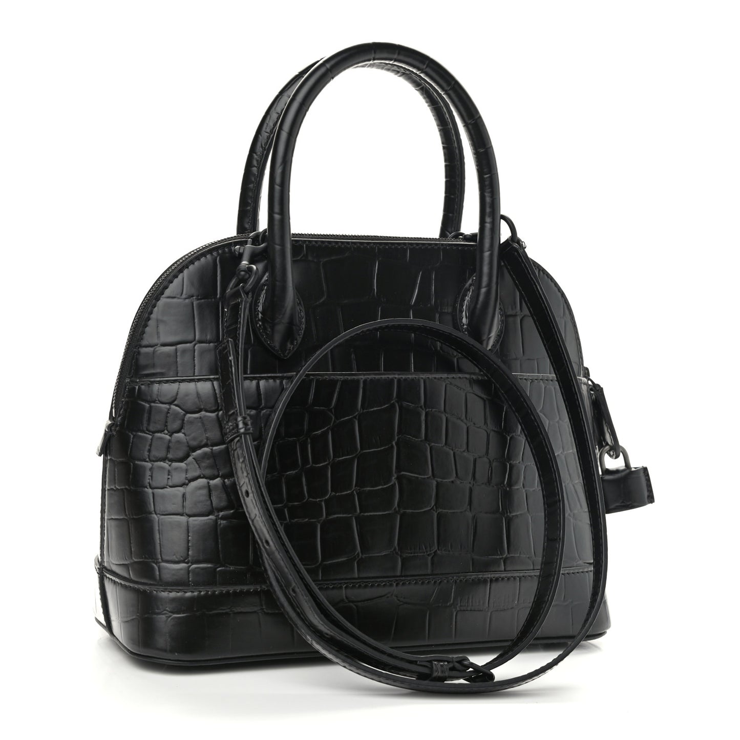 Calfskin Crocodile Embossed S Rivet Ville Top Handle Bag Black