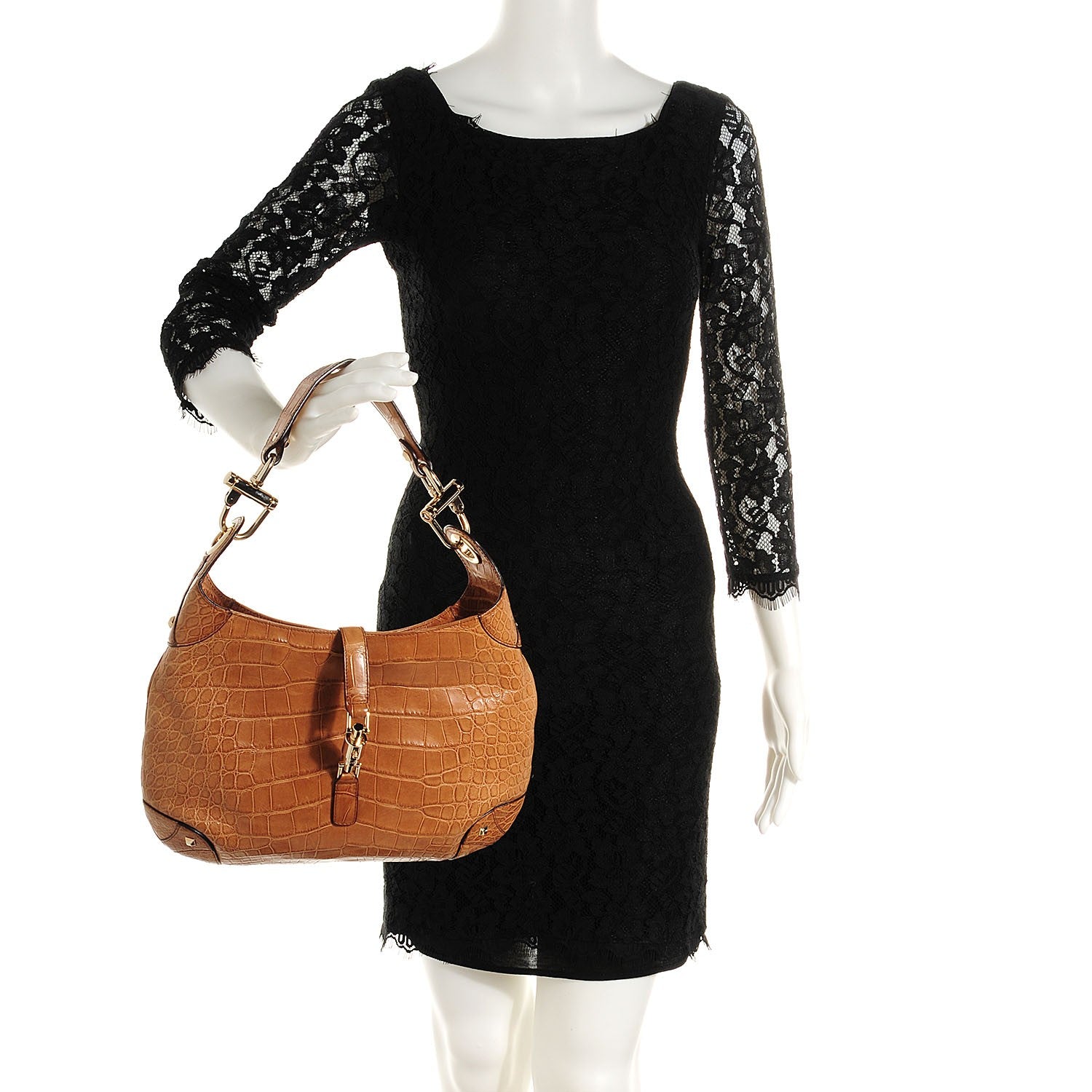 Gucci Alligator Piston Lock Jackie O Hobo Tan 2 of 7