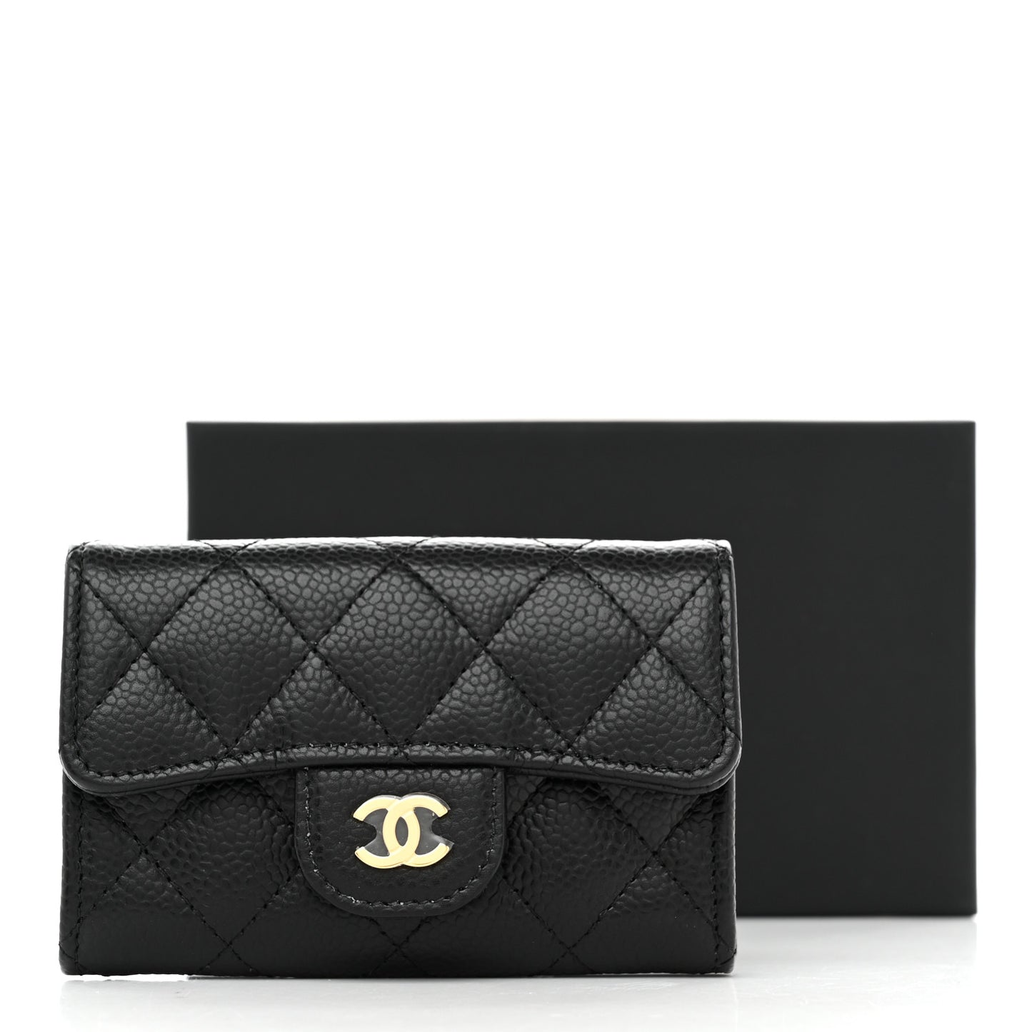 Caviar Quilted Flap Card Holder Wallet Black