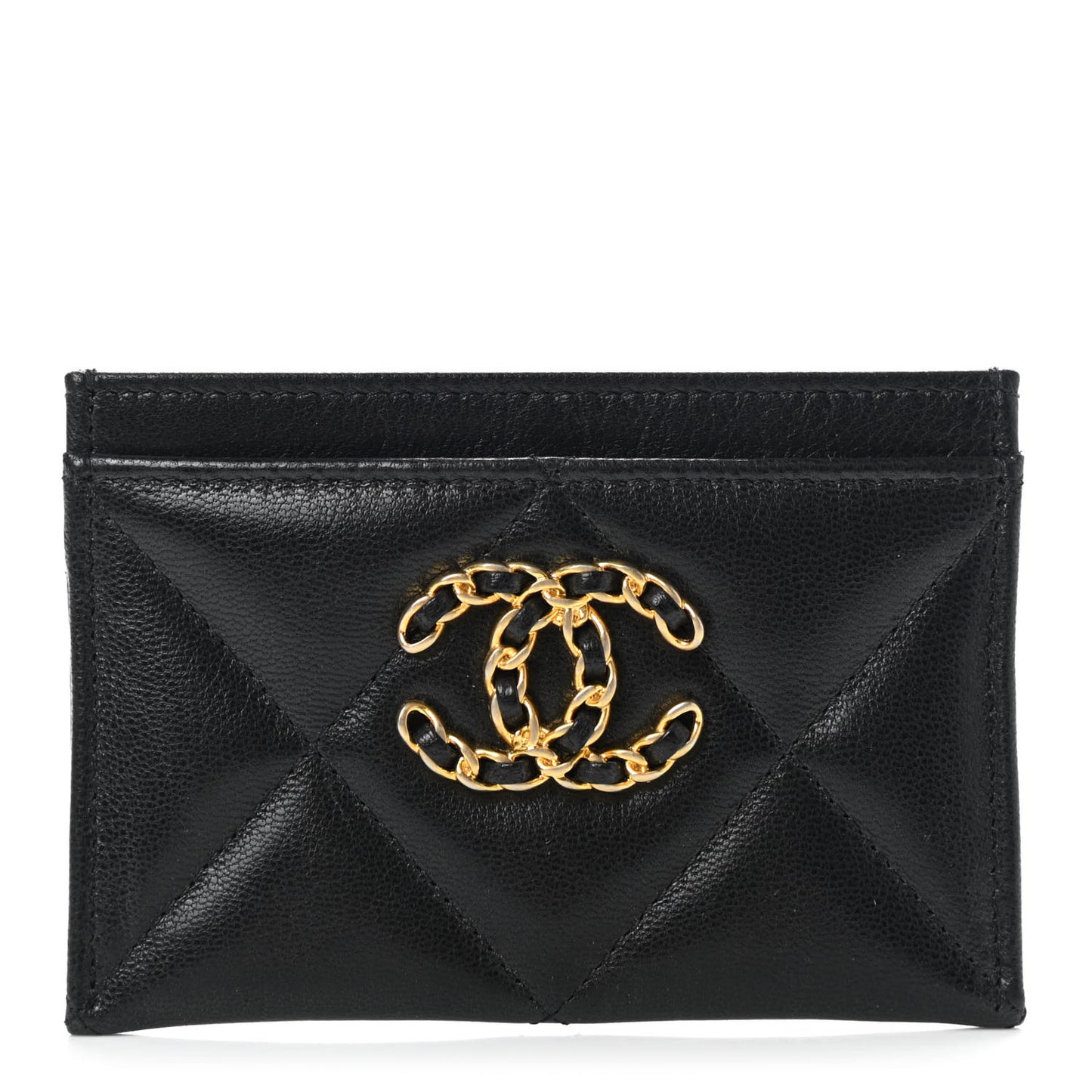 Shiny Goatskin Quilted Chanel 19 Card Holder Black