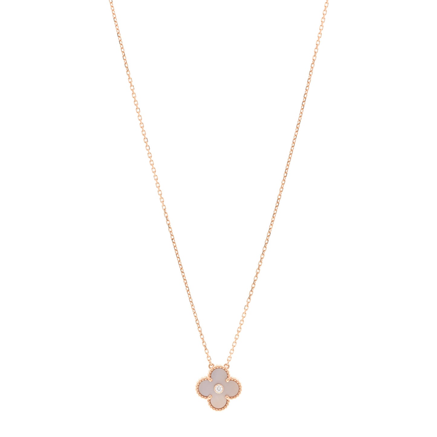 VAN CLEEF &amp; ARPELS 18K Rose Gold Diamond Pink Mother of Pearl Vintage Alhambra Pendant Necklace