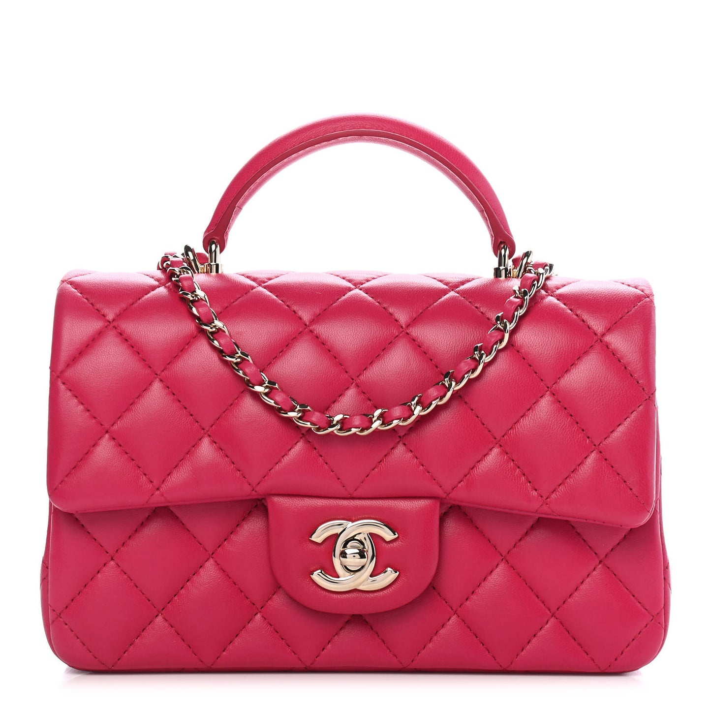Lambskin Quilted Mini Top Handle Rectangular Flap Dark Pink