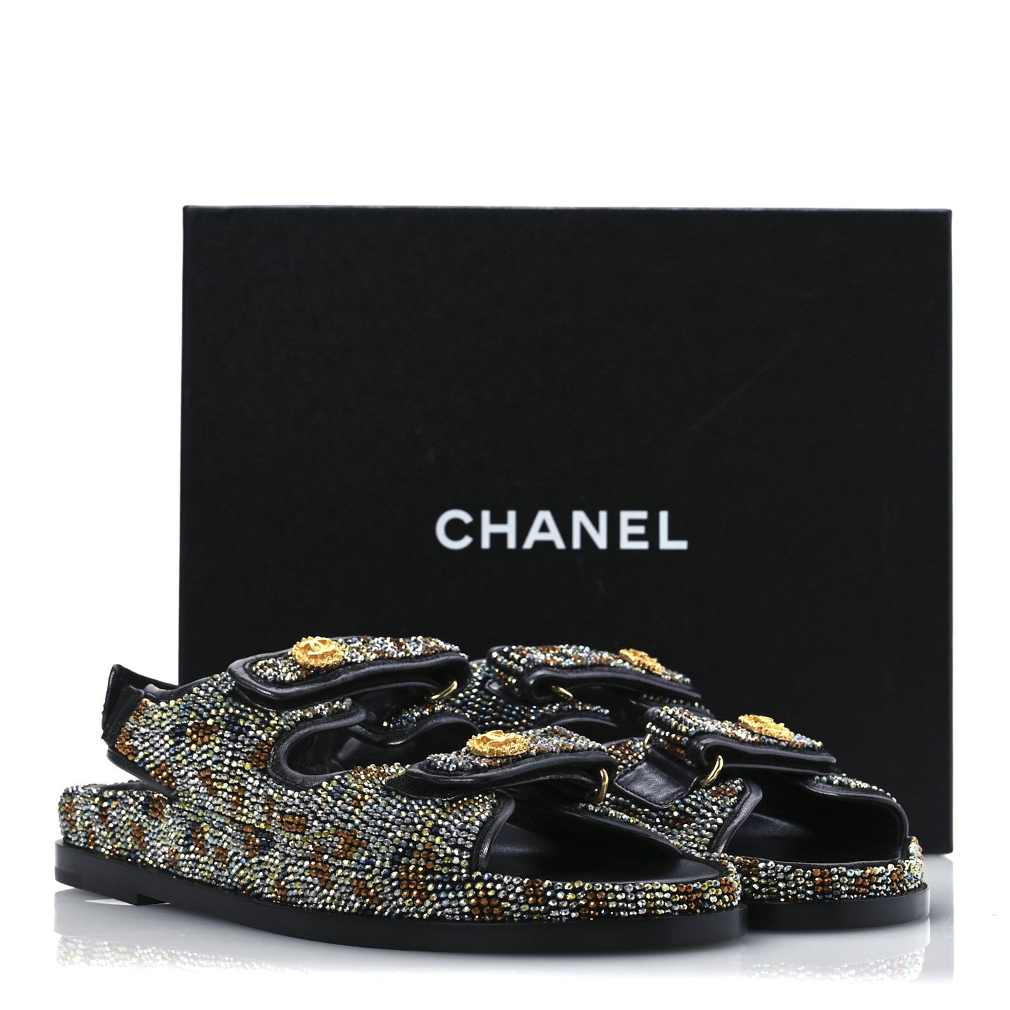 Grained Calfskin Crystal Velcro Dad Sandals 40 Black Multicolor