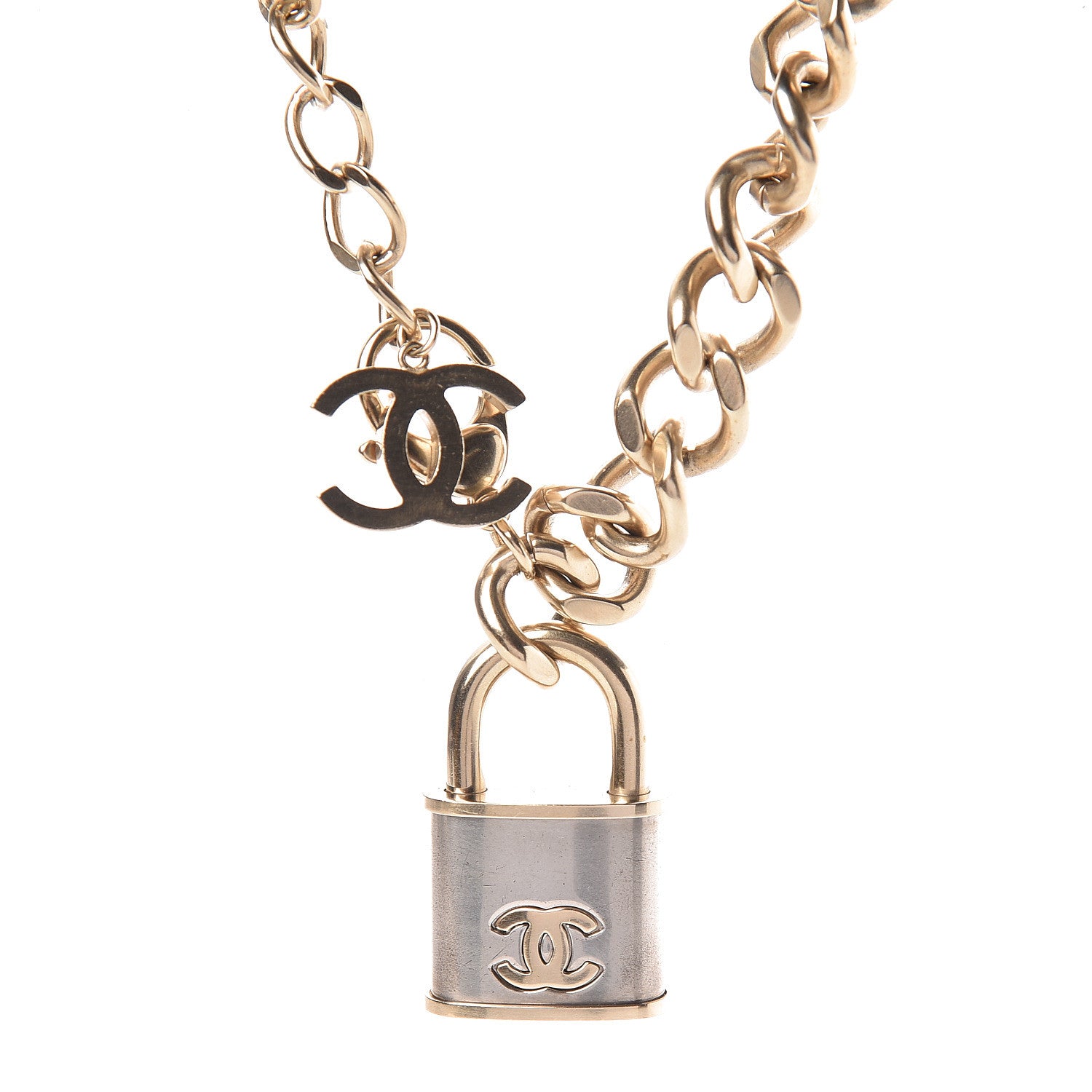 Chanel CC Oversized Padlock Necklace Gold Silver 5 of 7
