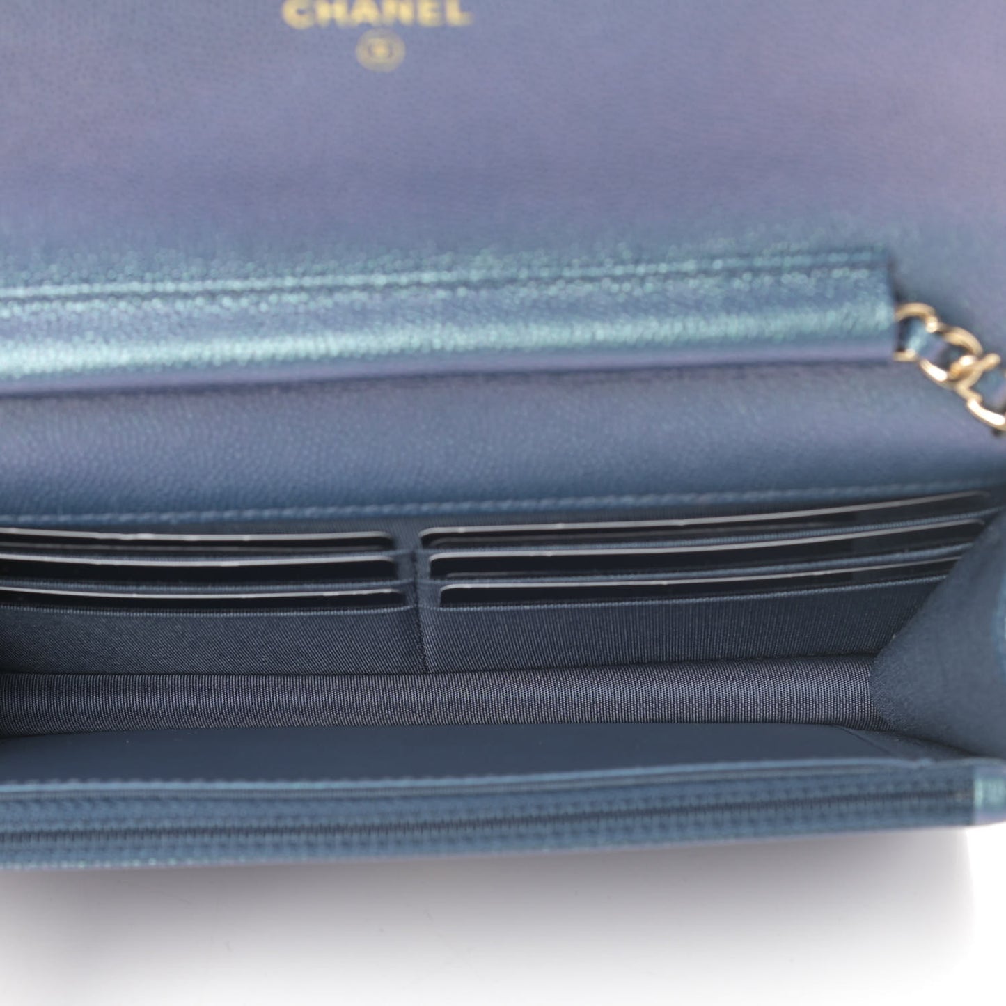 Iridescent Caviar Quilted Wallet On Chain WOC Dark Blue