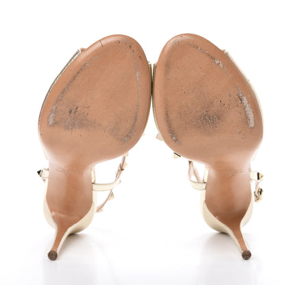Valentino Garavani Metallic Pebbled Calfskin Rockstud Asymmetric 100mm Sandals 41 Platino 5 of 14