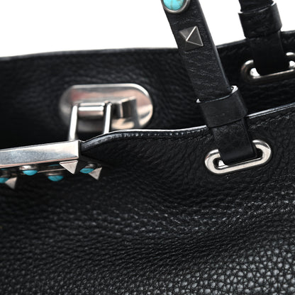 Valentino Garavani Grained Calfskin Turquoise Small Rockstud Rolling Tote Black 7 of 9