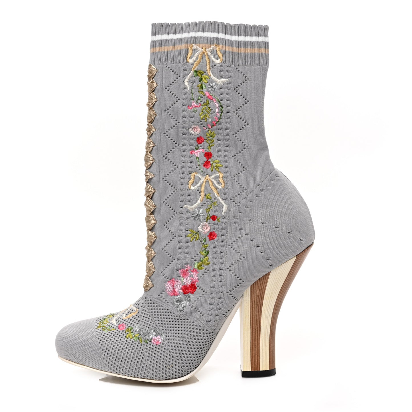 Stretch Fabric Knit embroidered Sock Openwork Booties 37.5 Grey Multicolor