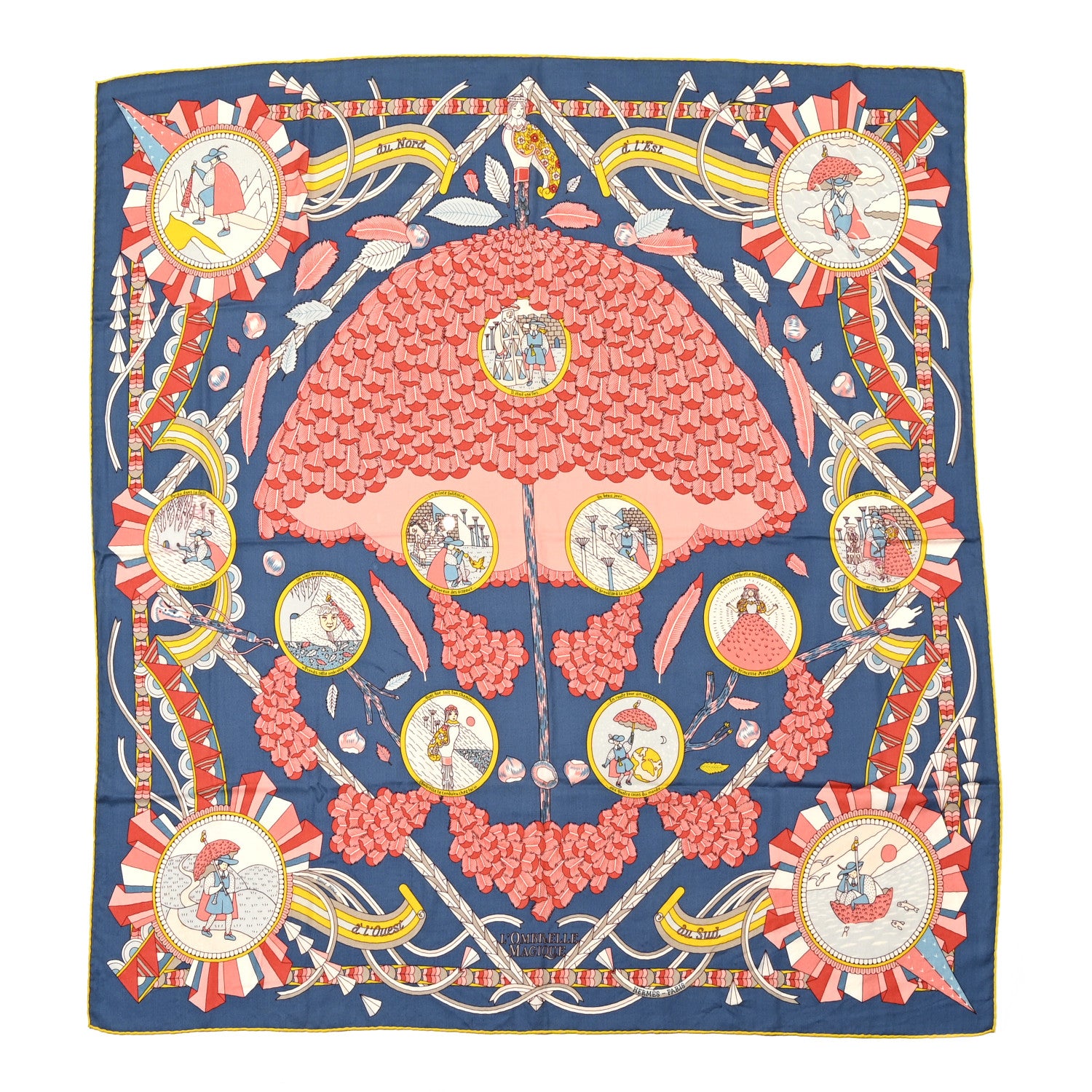 Hermes Cashmere Silk L'Ombrelle Magique Shawl 140 Bleu Jean Vieux Rose 1 of 13