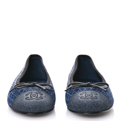 Chanel Denim Printed Quilt CC Cap Toe Ballerina Flats 37 Navy Blue Dark Grey 3 of 9