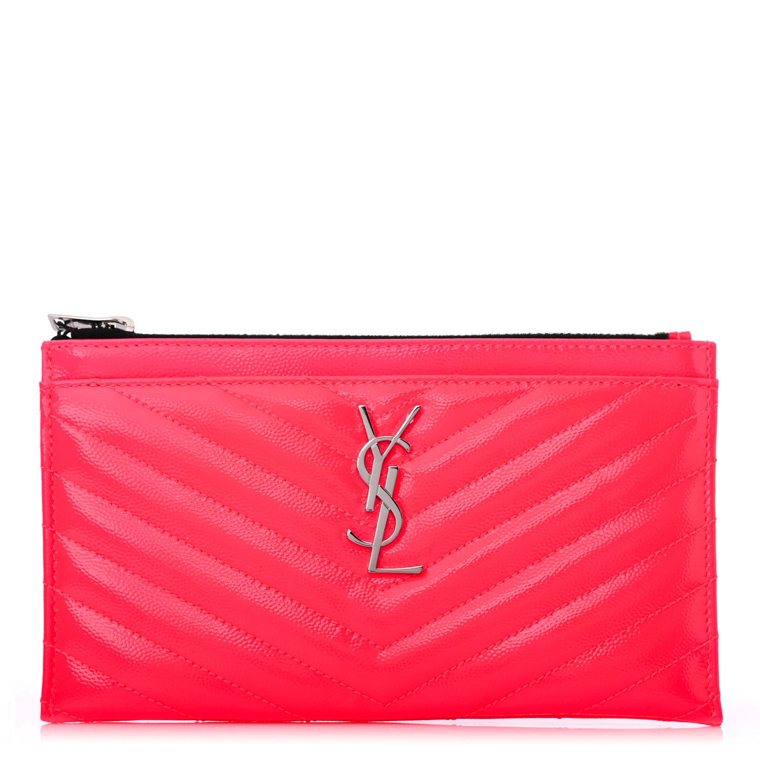 Saint Laurent Patent Grain De Poudre Matelasse Chevron Monogram Bill Pouch Neon Pink 1 of 4