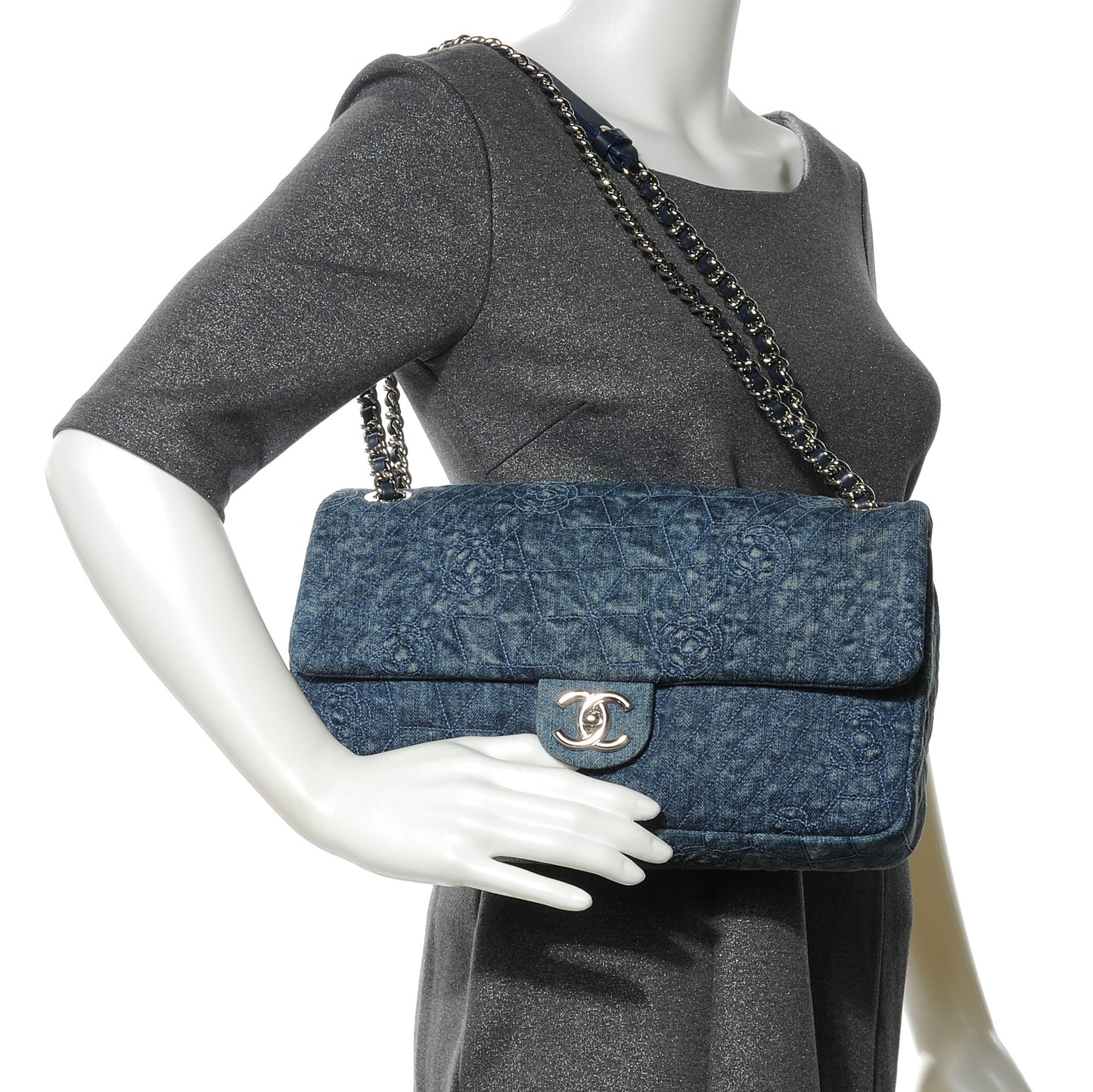 Denim Camellia Embroidered Large Flap Dark Blue