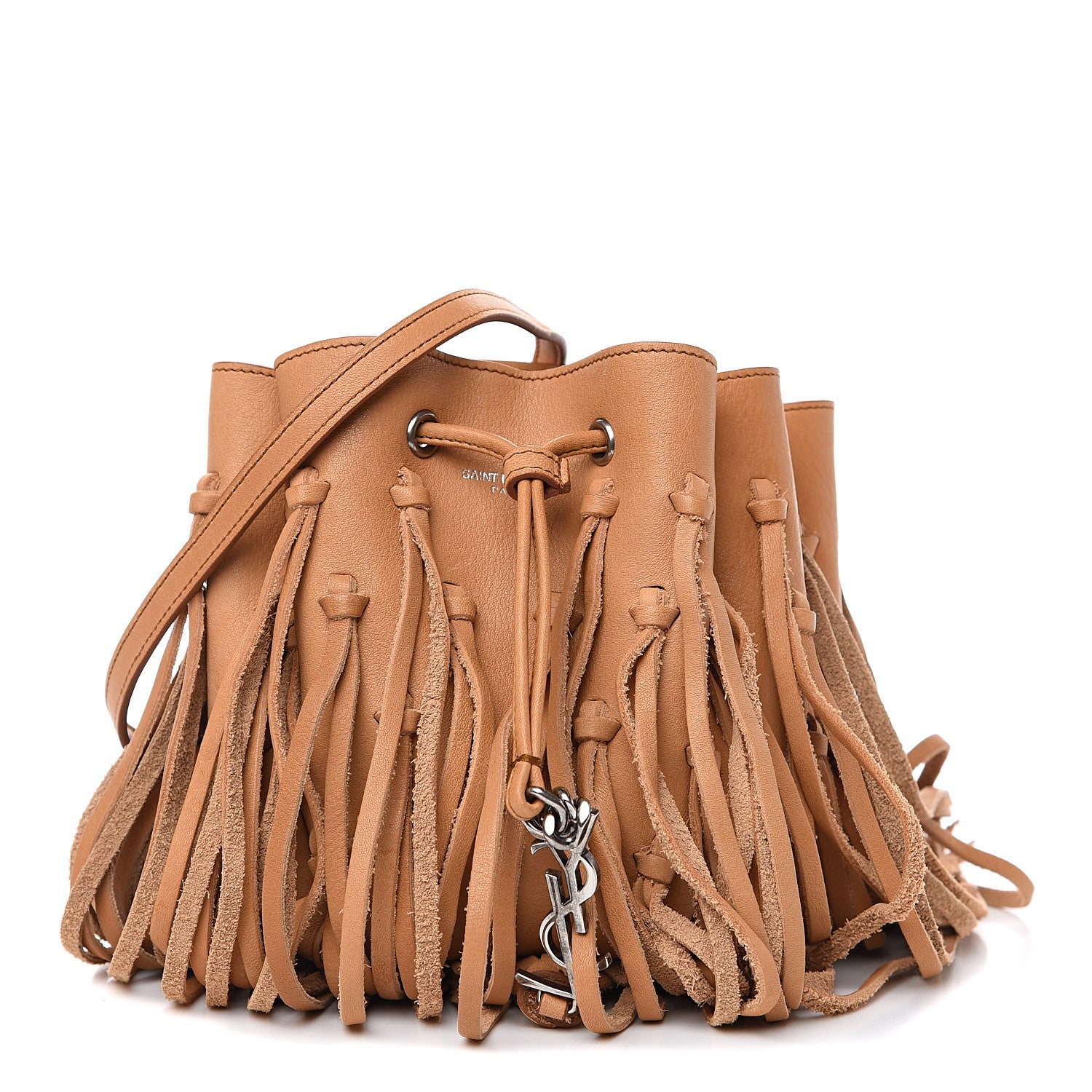 Saint Laurent Calfskin Fringe Monogram Mini Bourse Bucket Bag Tan 1 of 8