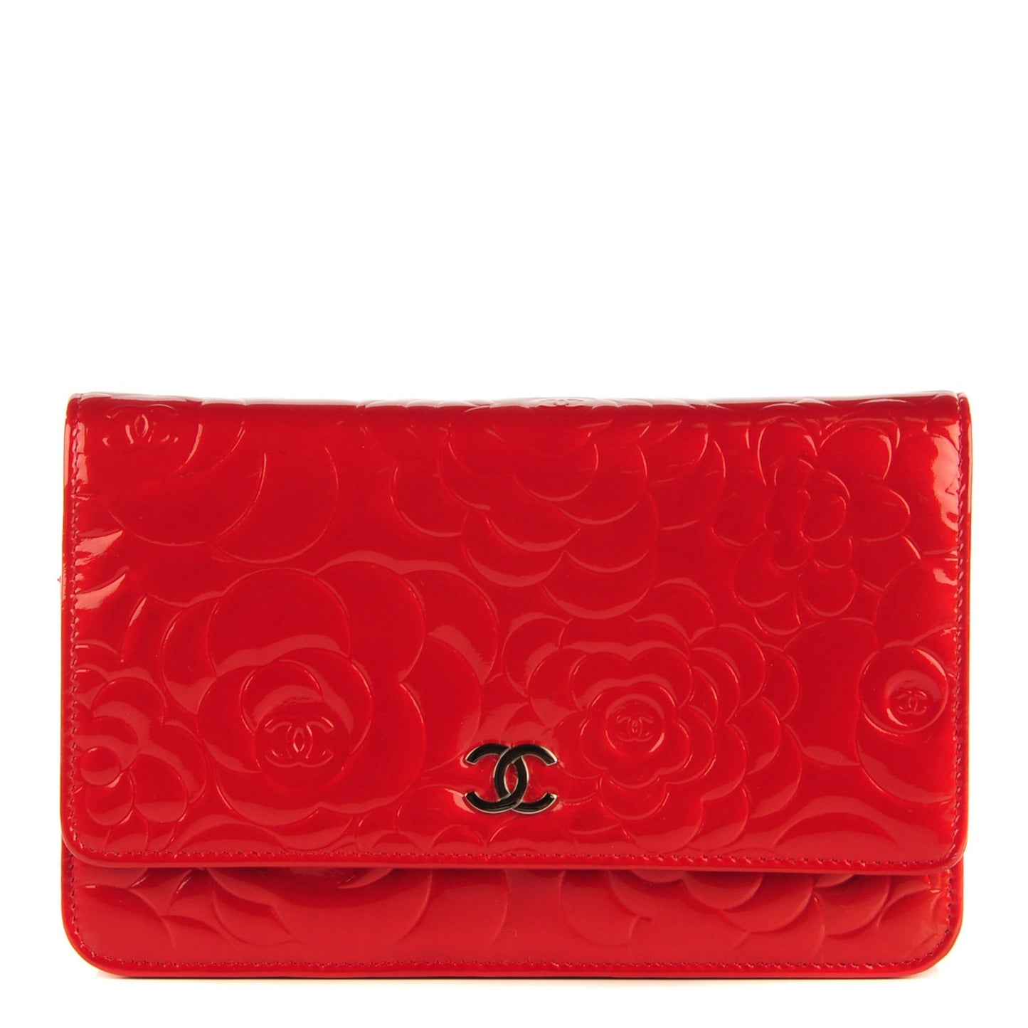 Patent Camellia Embossed Wallet On Chain WOC Dark Red