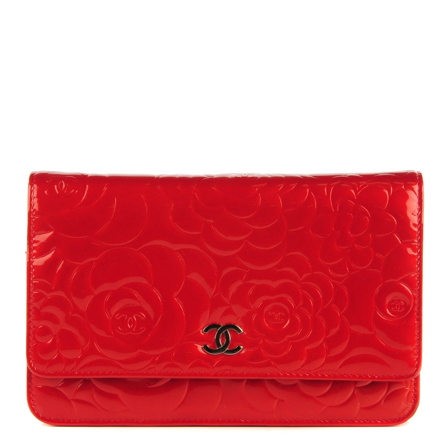 Chanel Patent Camellia Embossed Wallet On Chain WOC Dark Red 1 of 8