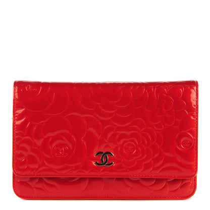 Chanel Patent Camellia Embossed Wallet On Chain WOC Dark Red 1 of 8