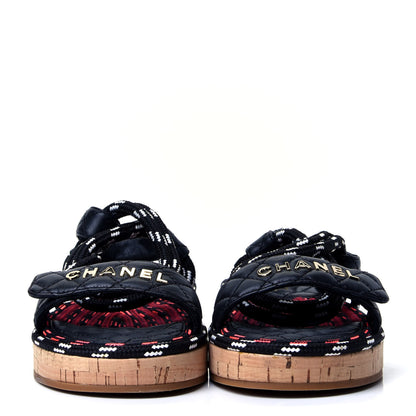 Chanel Cord Lambskin Quilted Logo Sandals 38 Black White 2 of 10