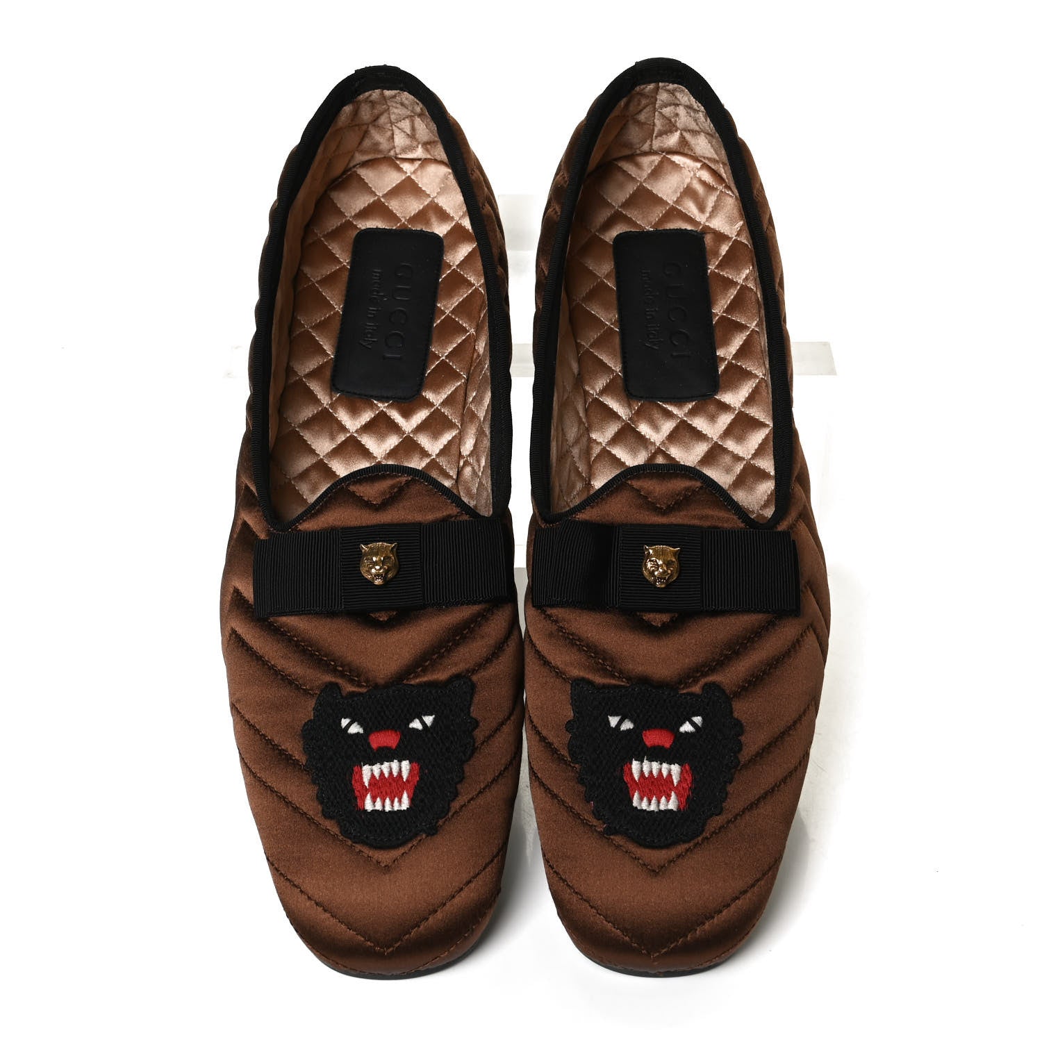 Gucci Silk Panther Embroidered Mens Quilted Slippers 10.5 Brown 5 of 10