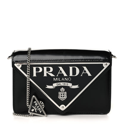 Prada Spazzolato Triangle Logo Plate Flap Chain Crossbody Bag Black 1 of 8