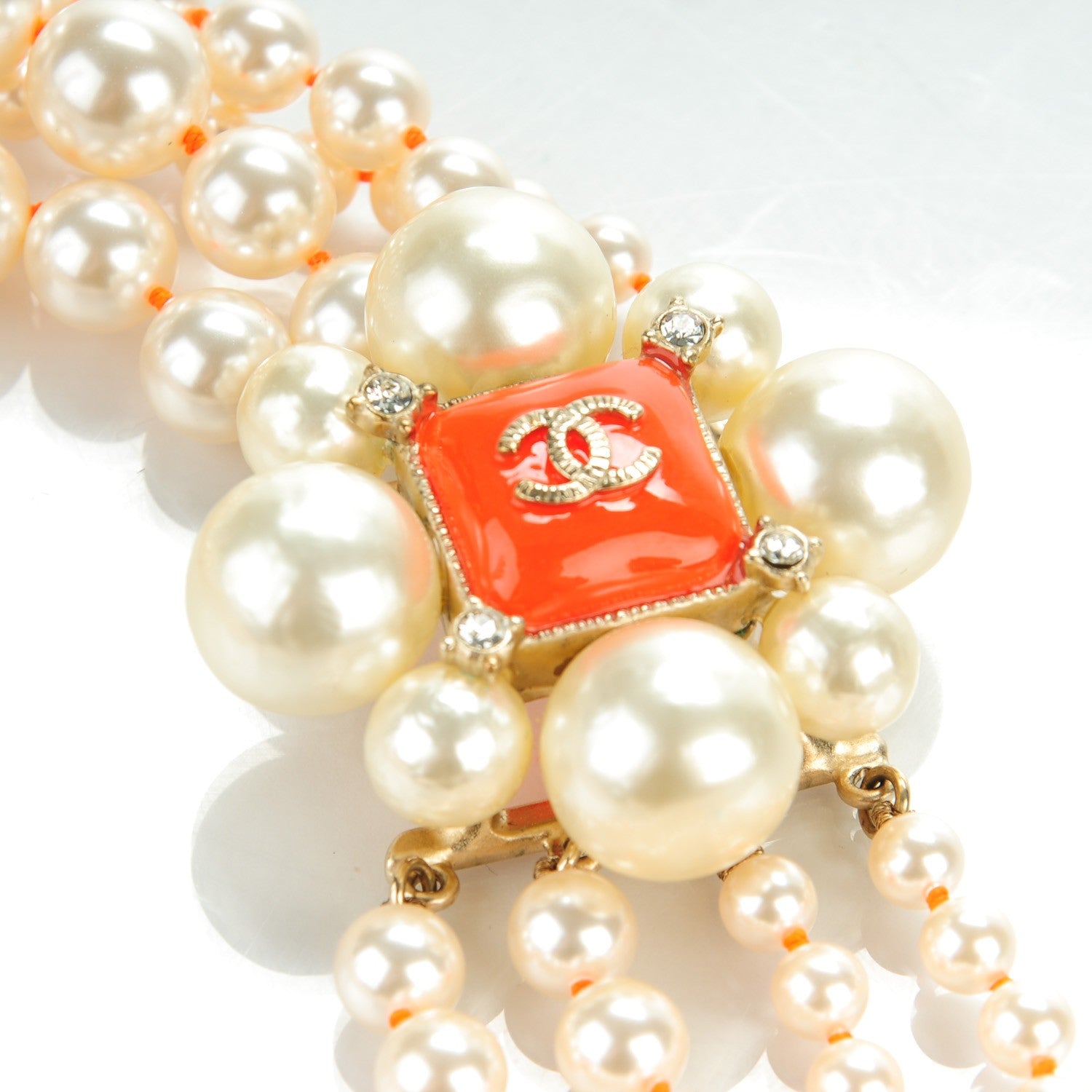 Chanel Pearl Crystal Gripoix CC Multi Strand Necklace Orange Gold 5 of 6