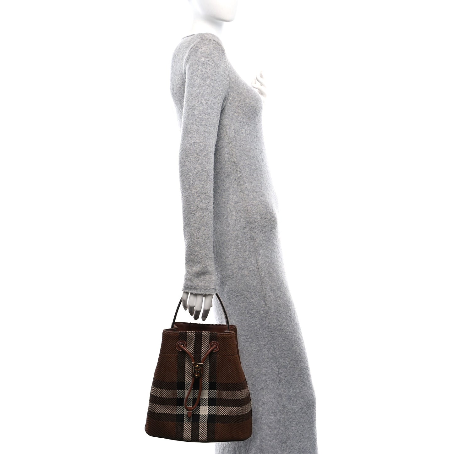 Knitted Check Calfskin TB Small Drawstring Bucket Bag Dark Birch Brown