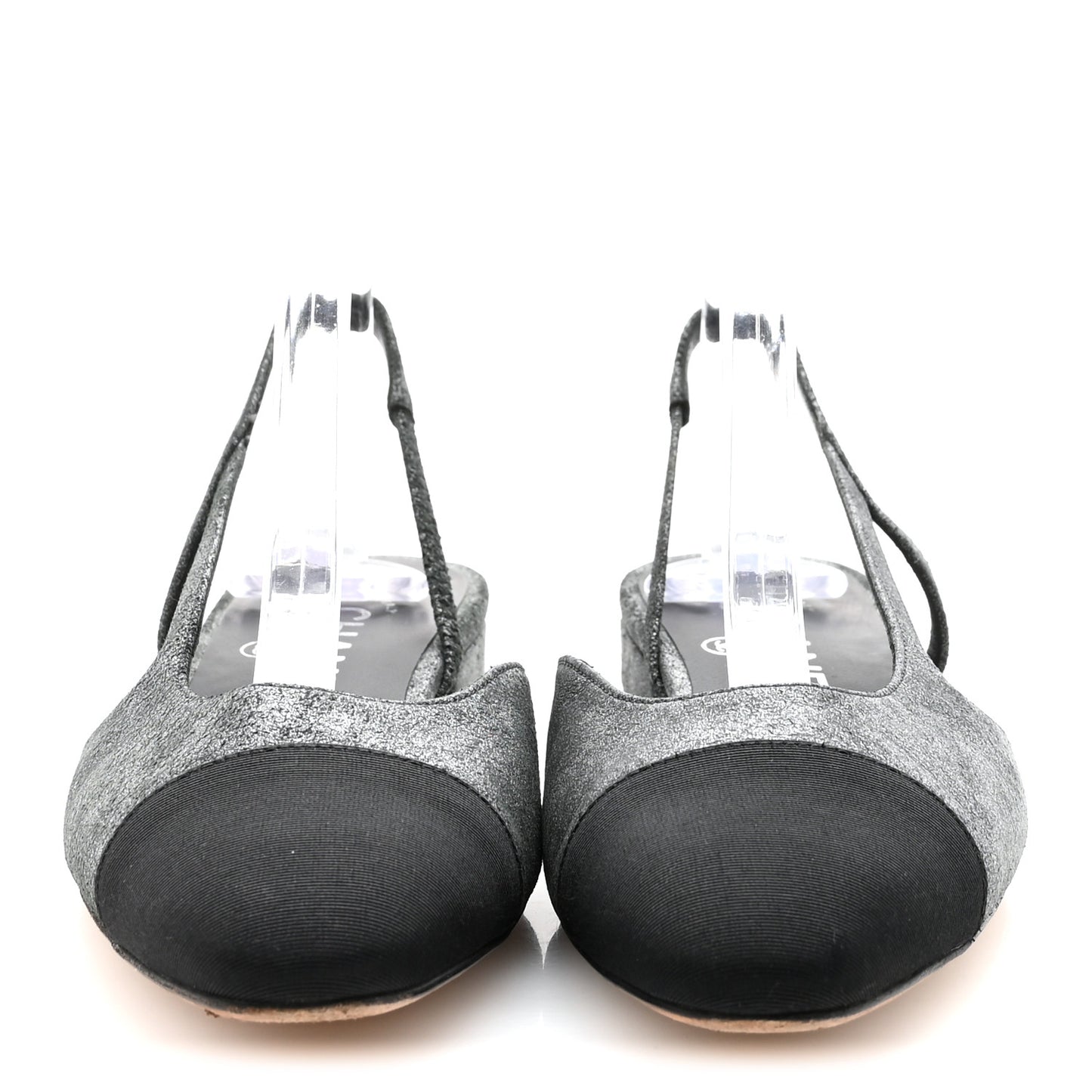 Lambskin Grosgrain Cap Toe CC Slingback Flats 35.5 Silver Black